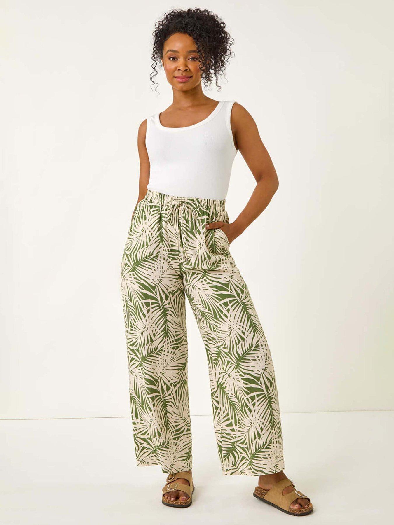 Image 3 of 5 of Roman Petite Leaf Print Wide Leg Trouser - Khaki
