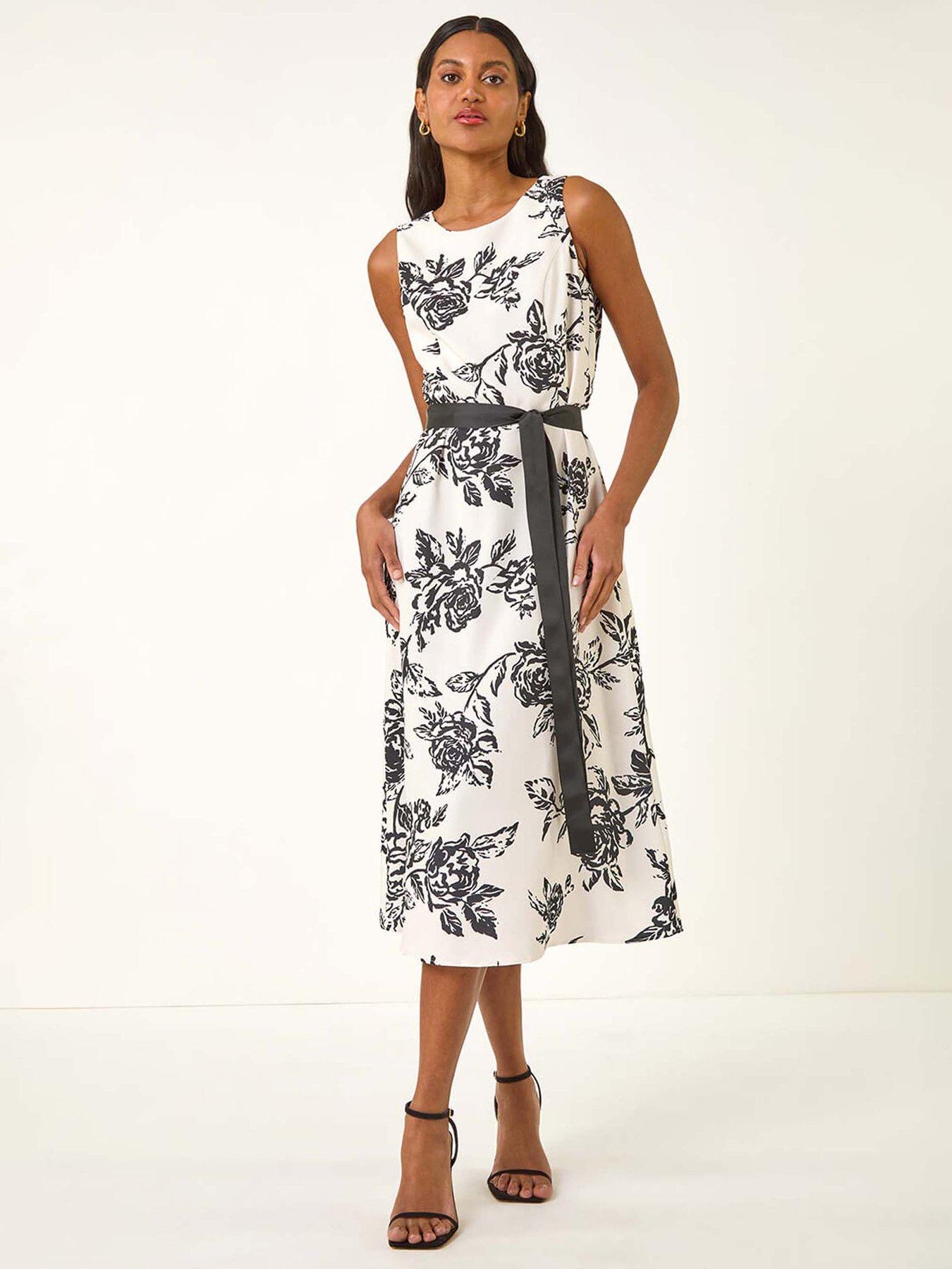 undefined Monochrome Printed Satin Midi Dress - White