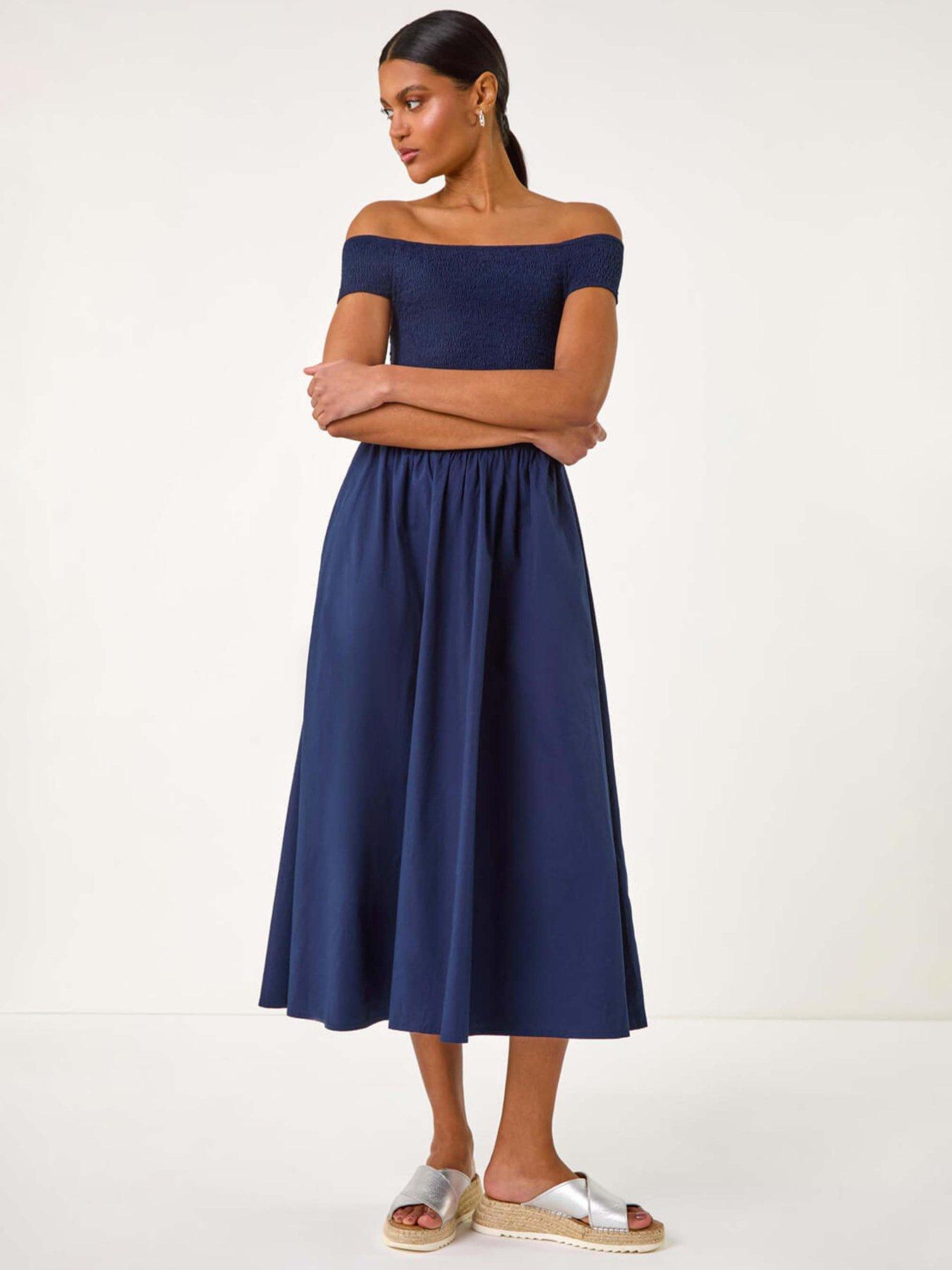 undefined Shirred Cotton Midi Dress - Navy