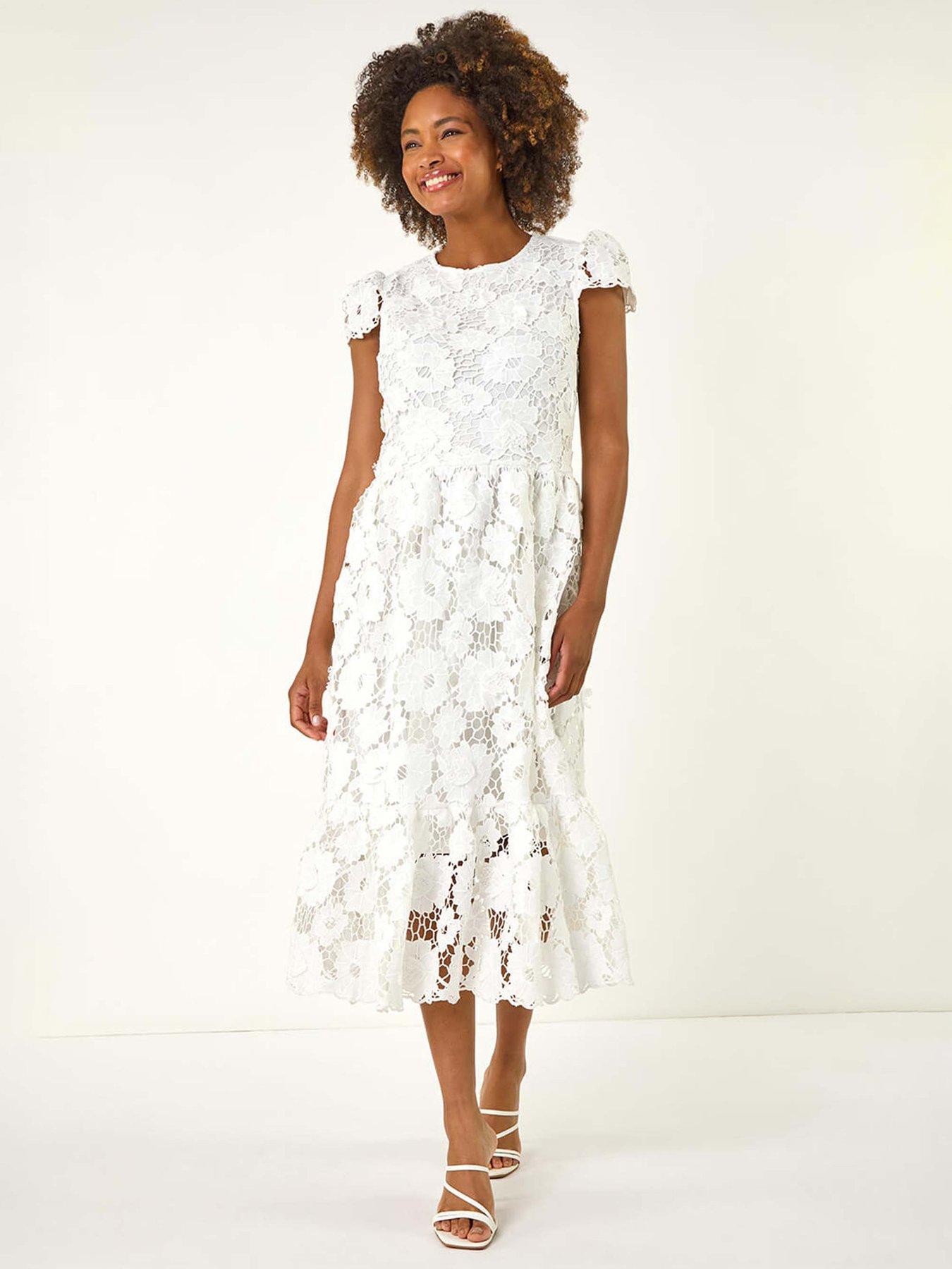 undefined Crochet Floral Lace Midi Dress - White