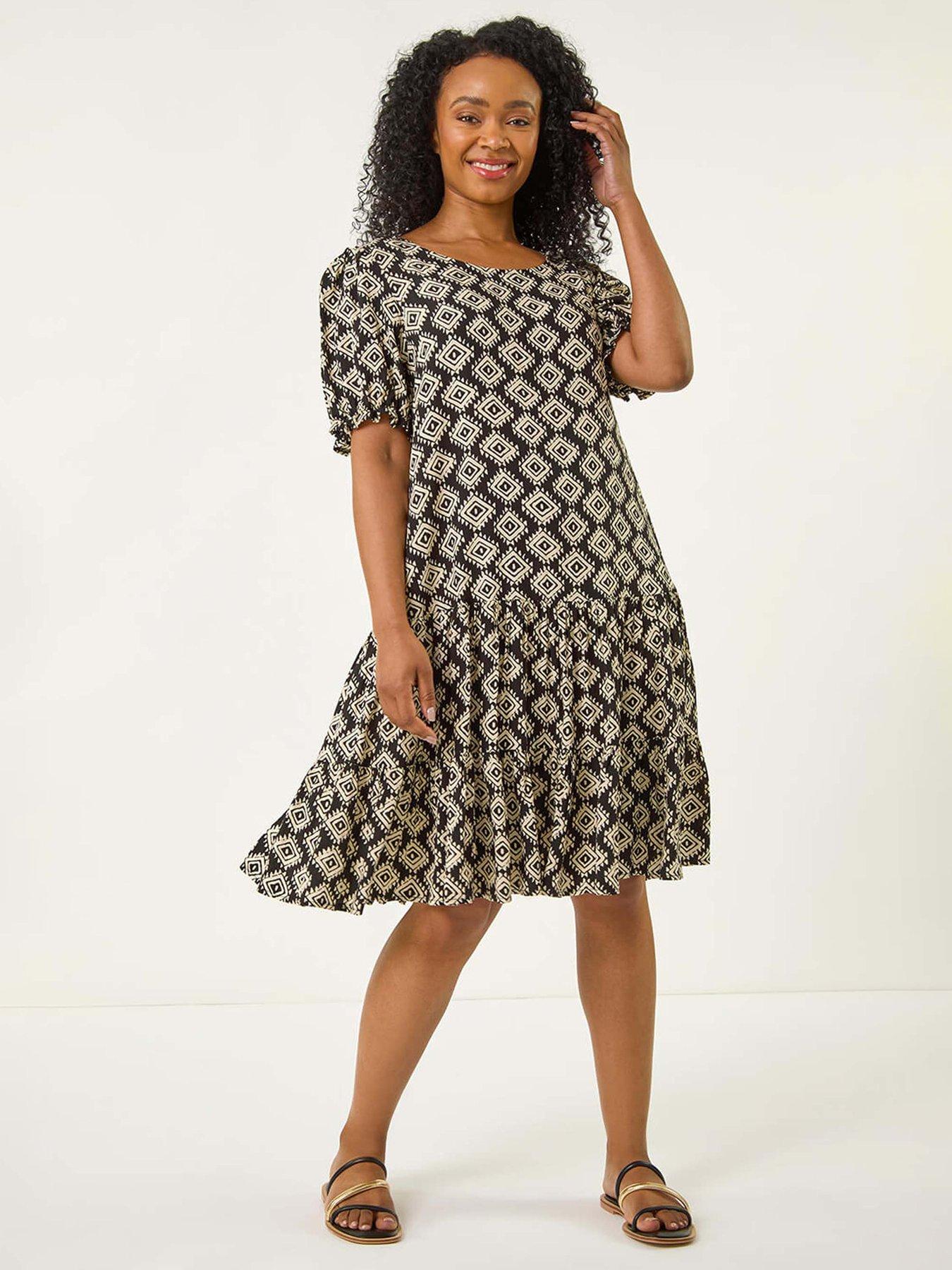 undefined Petite Geo Print Tiered Smock Dress - Black