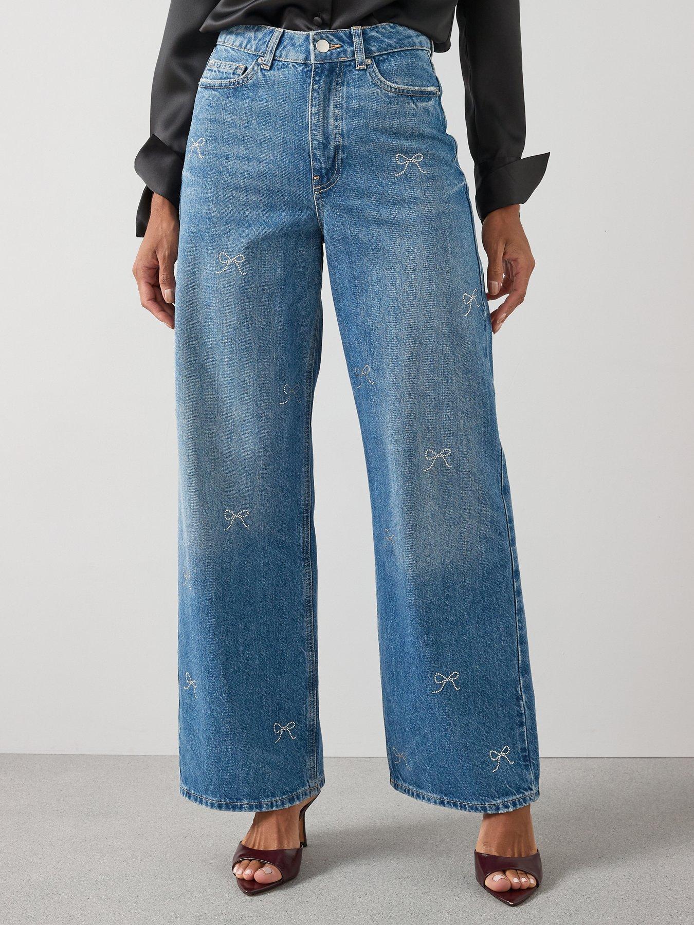 The Very Collection: Diamante Bow Wide Leg Jeans - Mid Wash