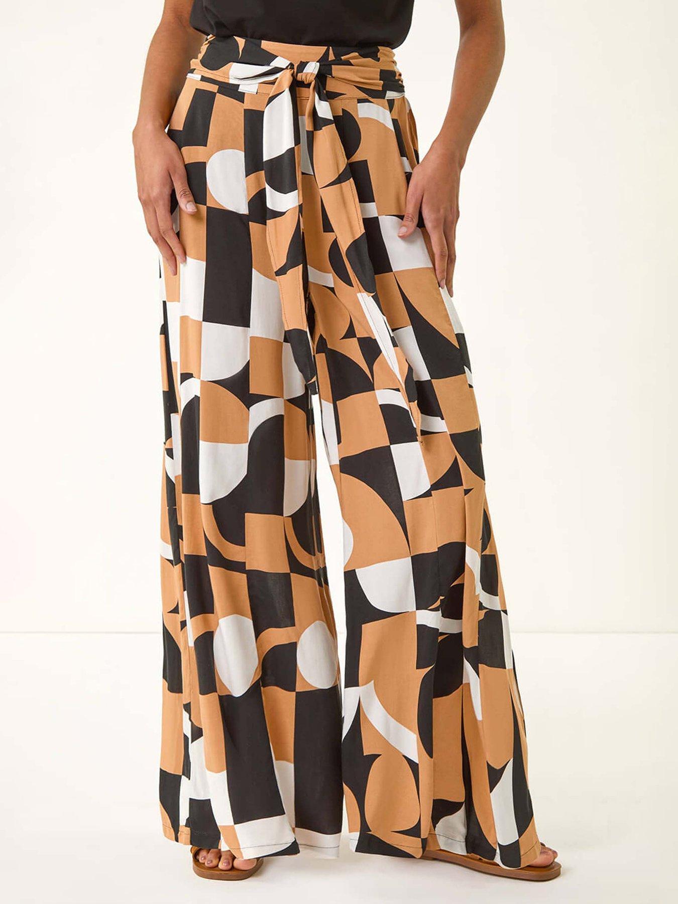 undefined Geometric Print Tie Waist Stretch Trouser - Camel