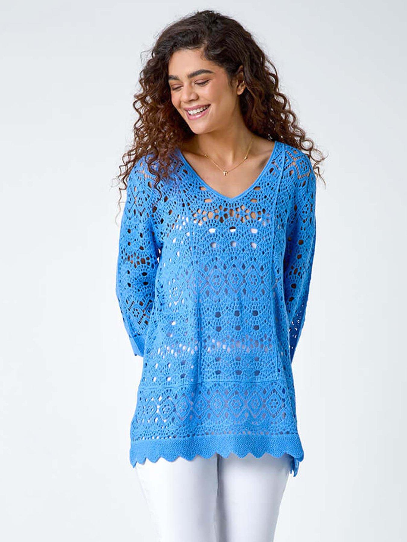 undefined Cotton Crochet Tunic Top - Light Blue