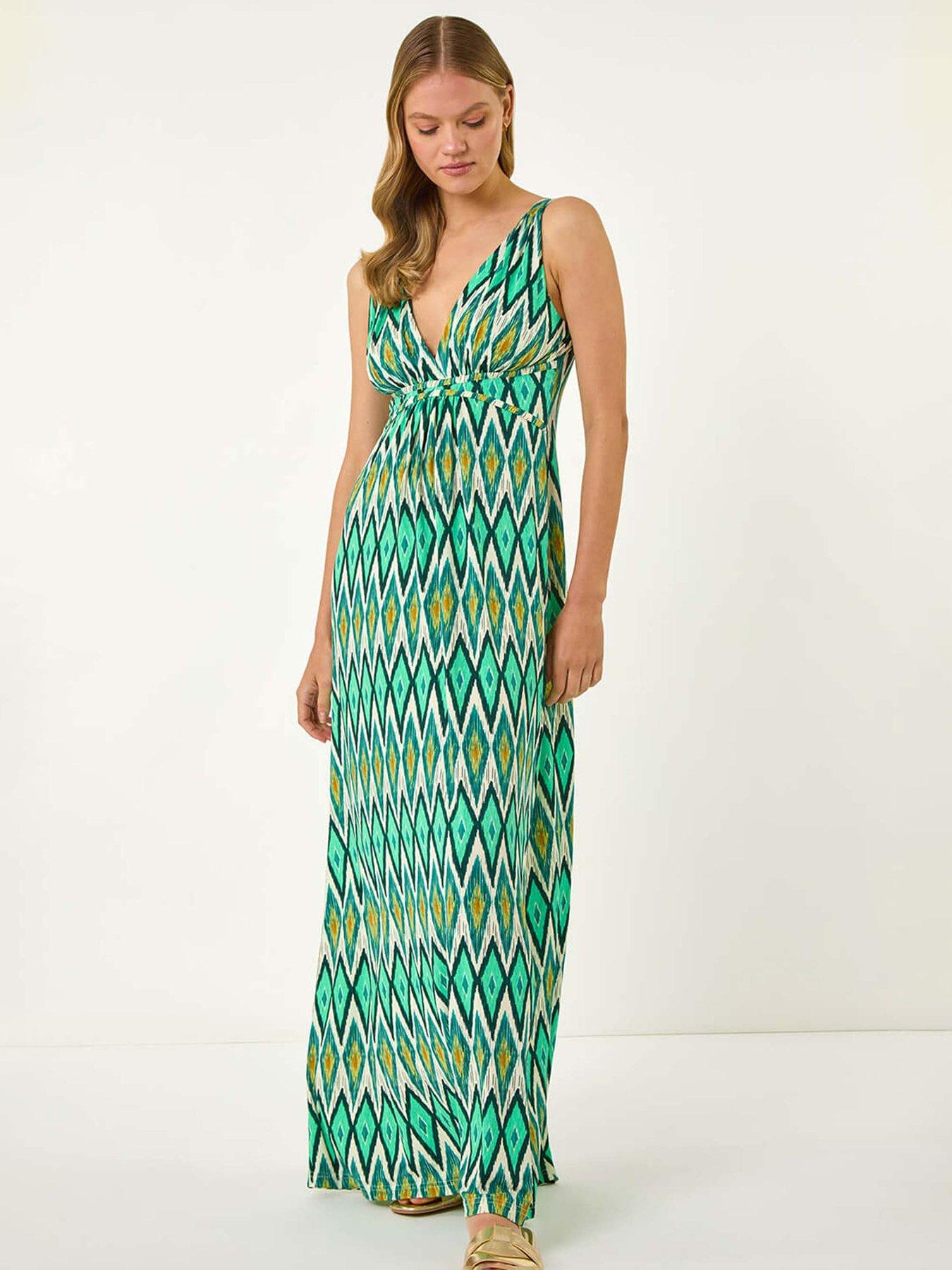 undefined Geometric V-neck Maxi Dress - Green
