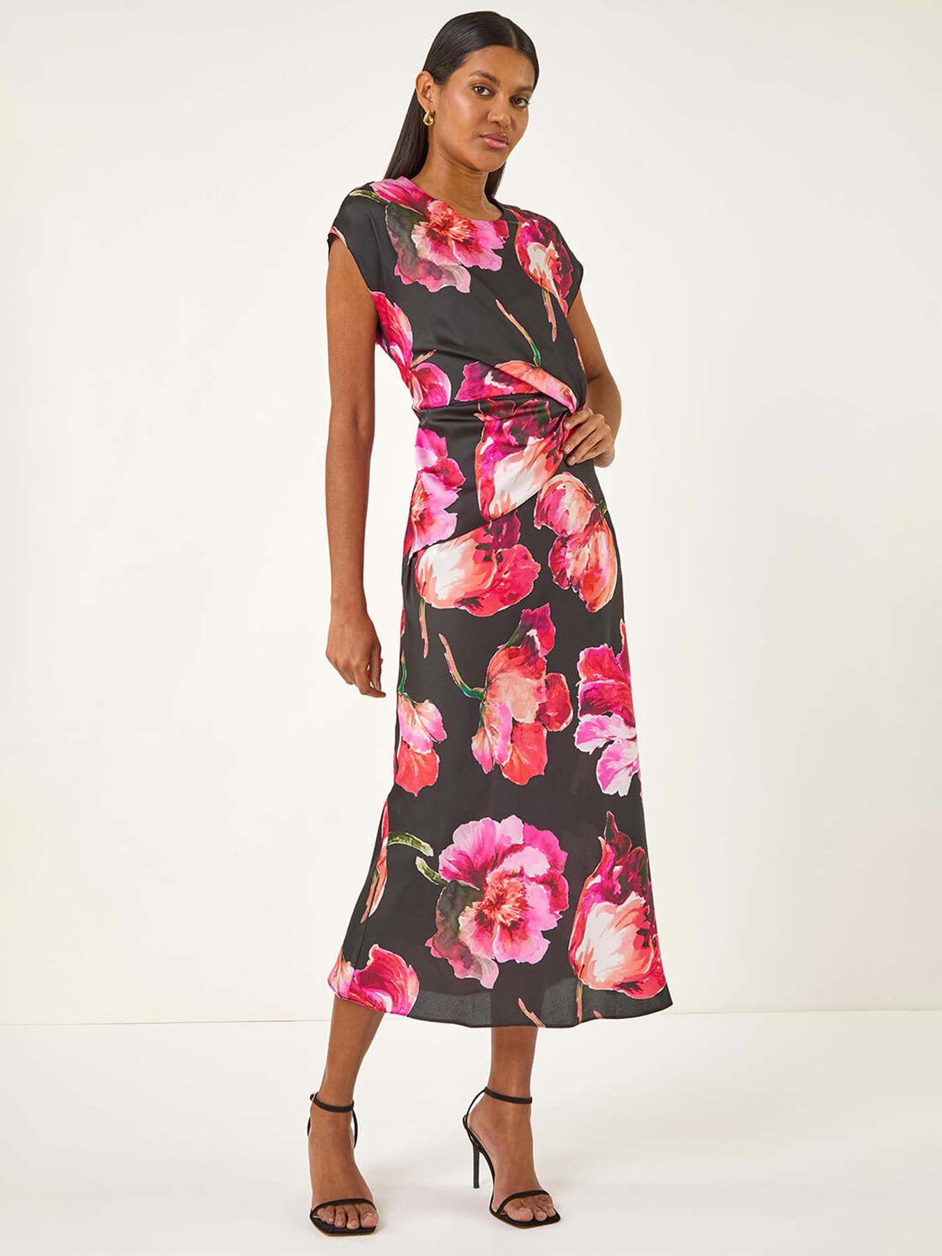 Roman Floral Printed Wrap Detail Midi Dress - Black