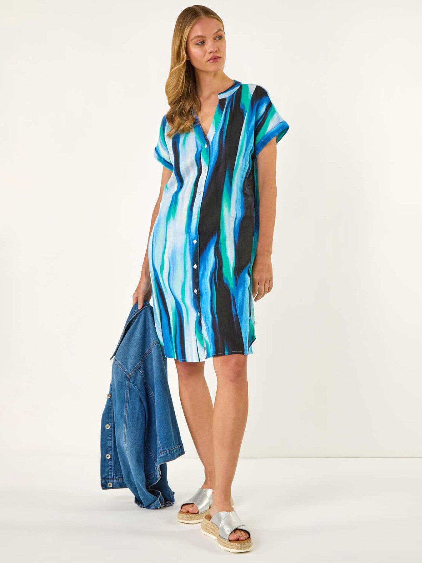 undefined Abstract Printed Linen Shift Dress - Blue