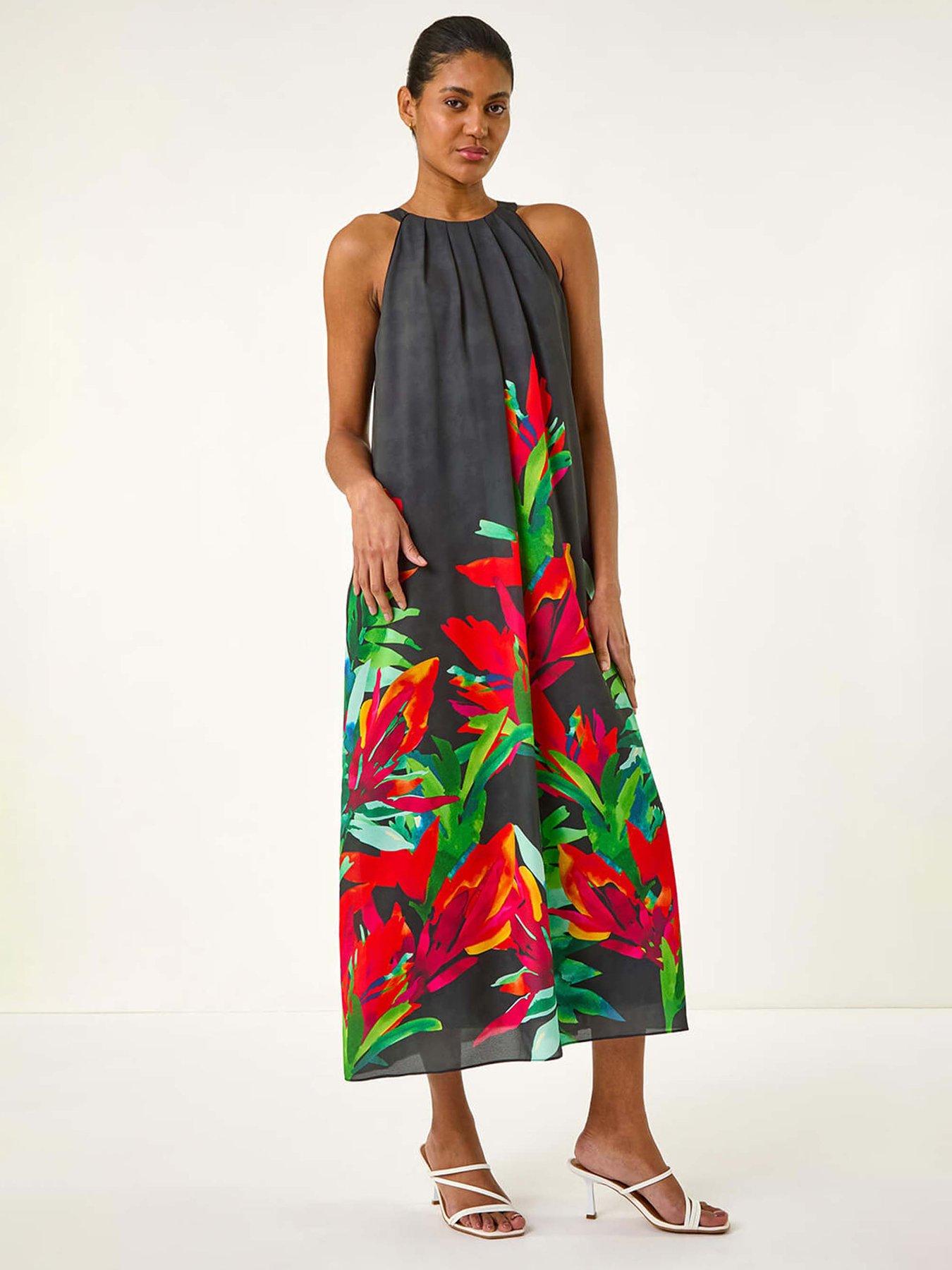 undefined Floral Watercolour Motif Midi Dress - Black