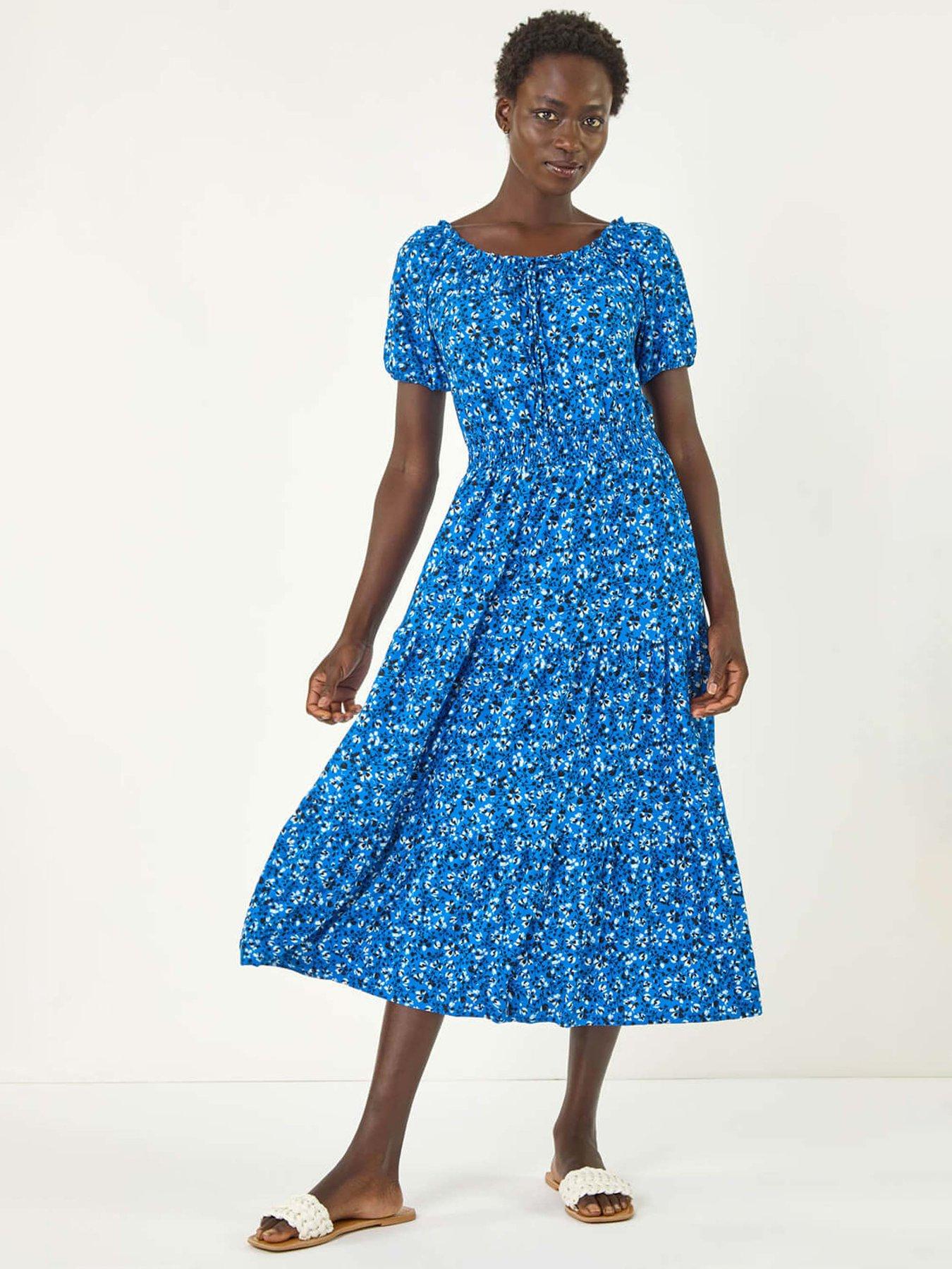 undefined Ditsy Print Frill Stretch Midi Dress - Royal Blue