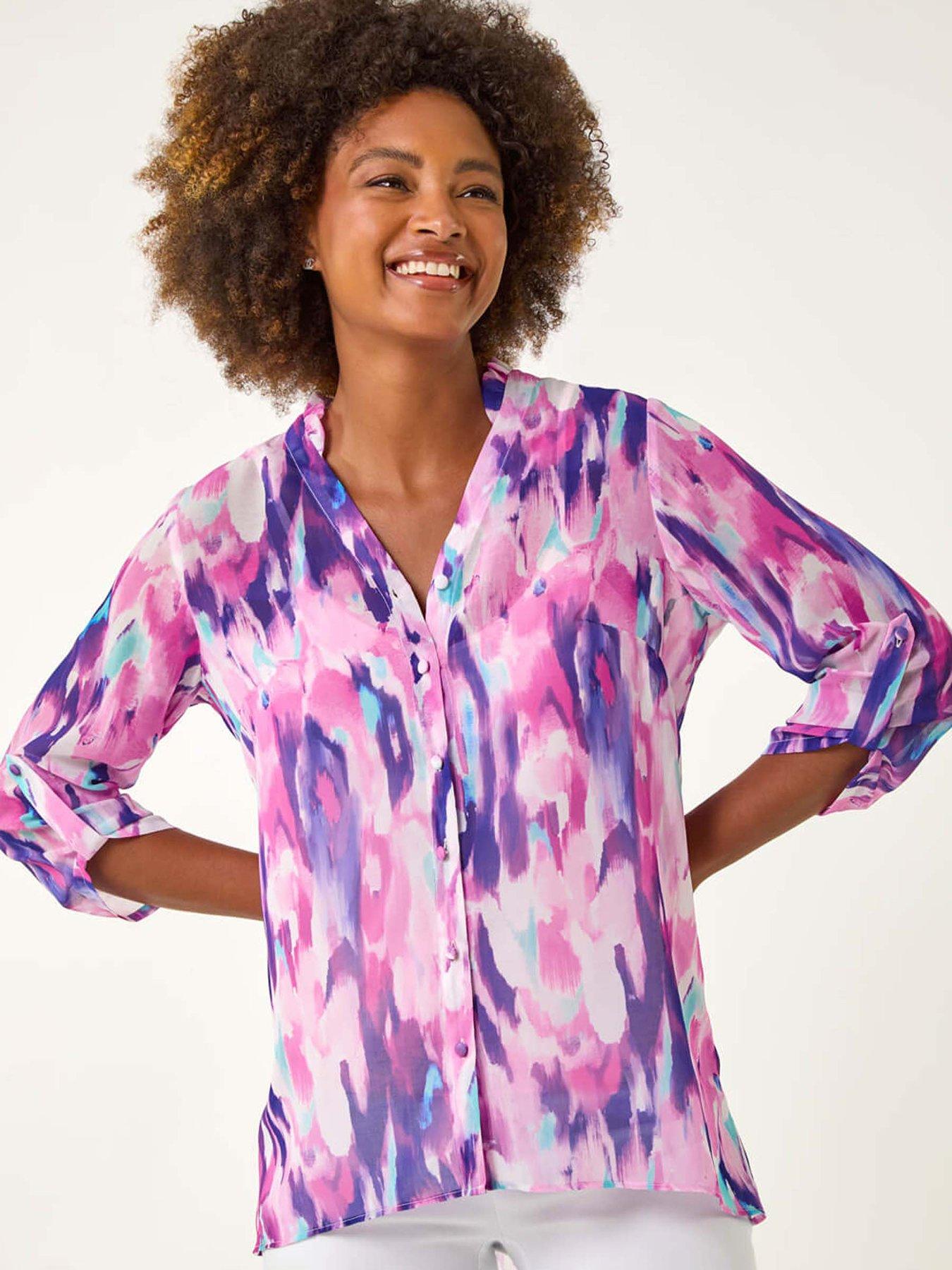 undefined Blurred Print Frill Blouse - Purple