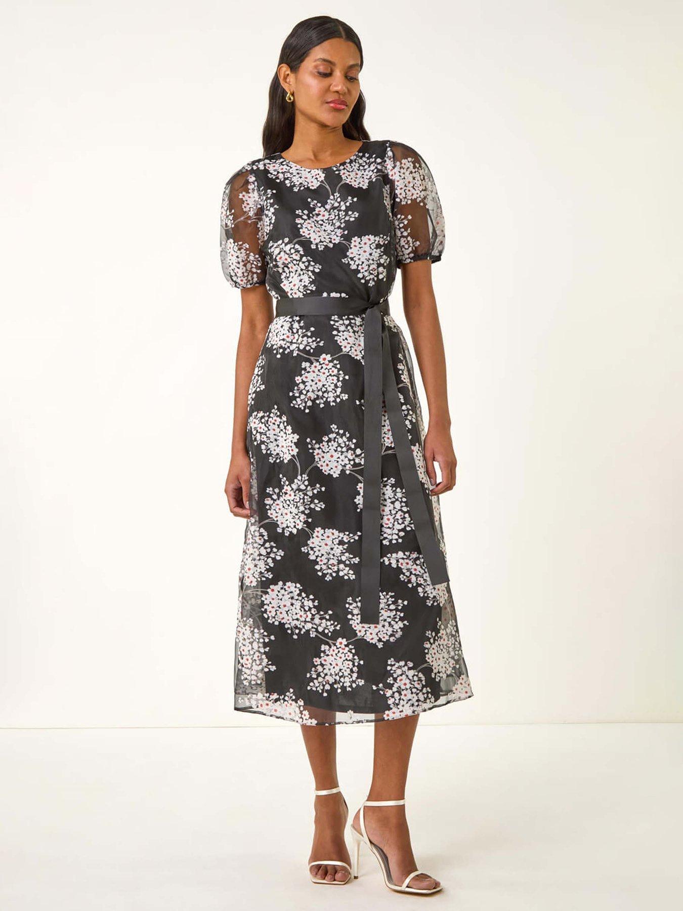undefined Floral Organza Belted Dress - Black