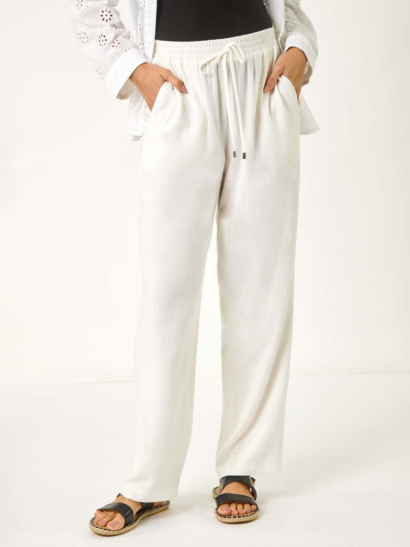 undefined Elastic Waist Tie Front Linen Mix Trouser - White