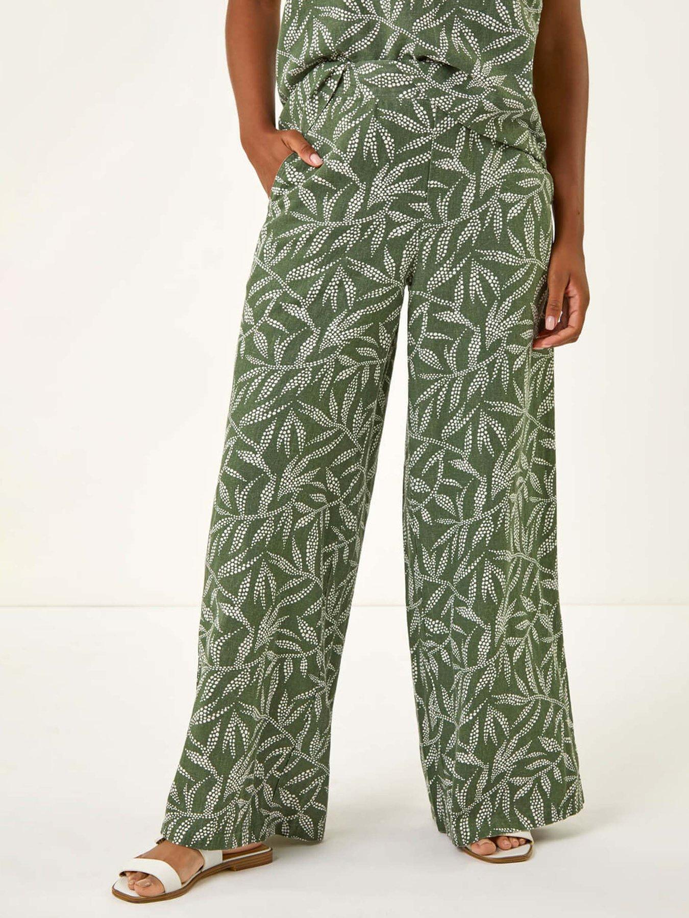 undefined Leaf Print Linen Mix Wide Leg Trouser - Khaki
