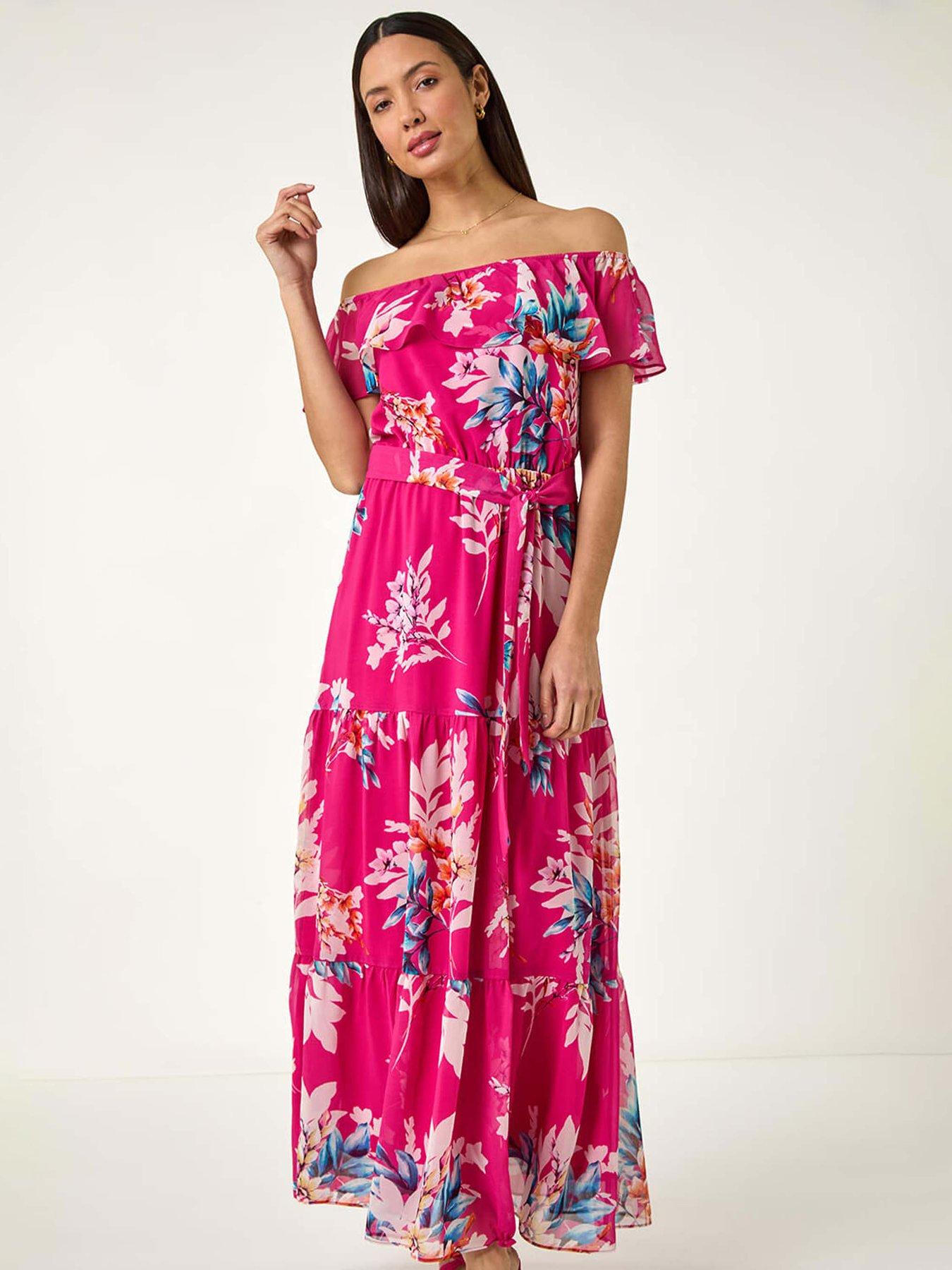 undefined Floral Print Bardot Belted Maxi Dress - Pink