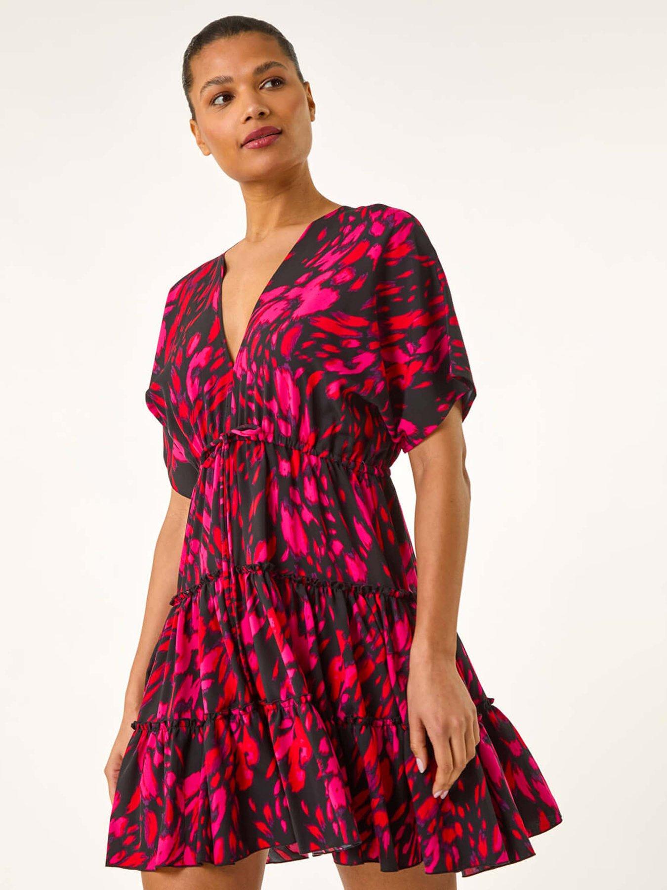 undefined Abstract Print Boho Mini Dress - Fuchsia