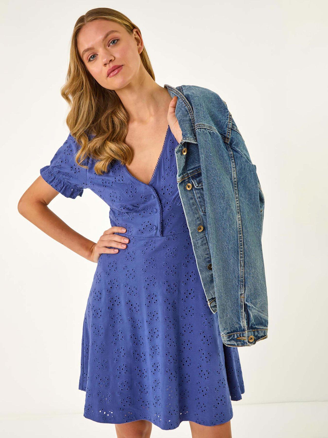 undefined Broderie Cotton Stretch Frill Dress - Denim