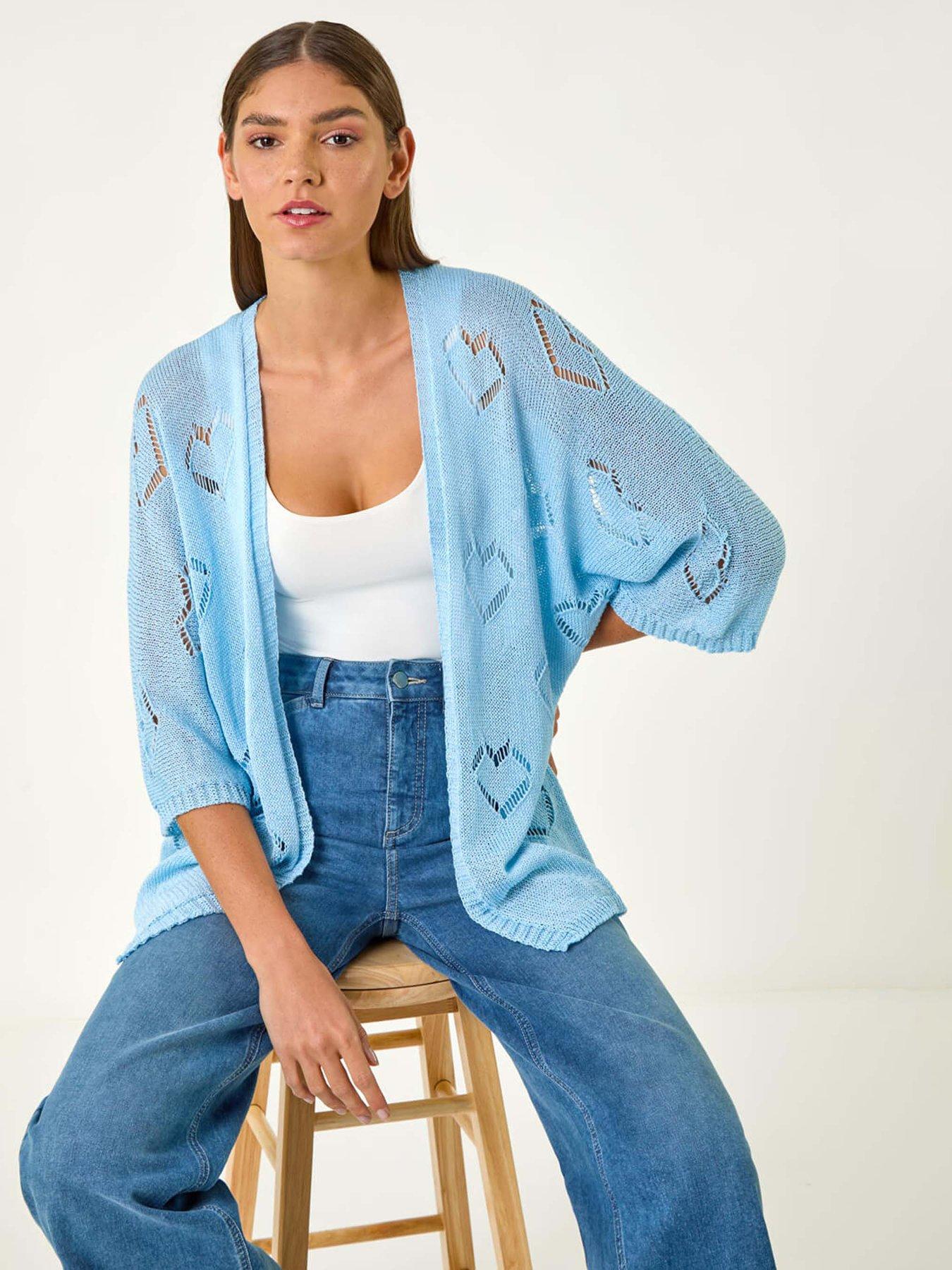 undefined Pointelle Heart Knit Cardigan - Light Blue