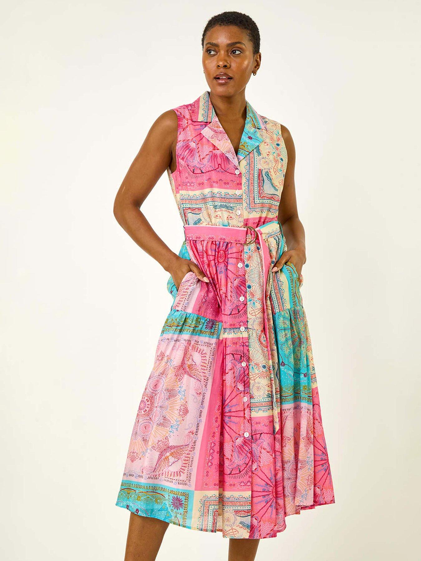 undefined Patchwork Belted Shirt Dress - Pink