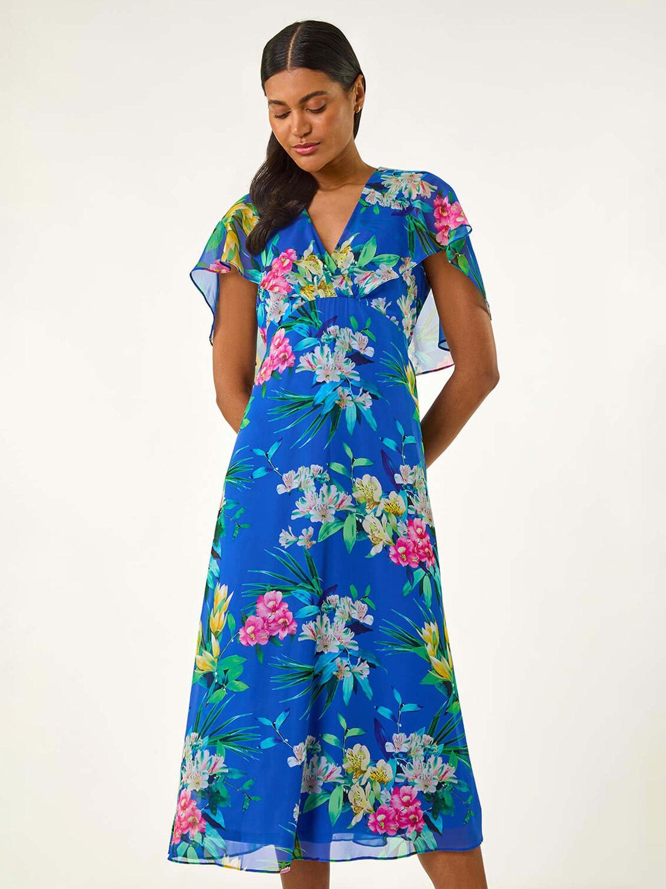 undefined Floral Chiffon Back Cape Dress - Blue