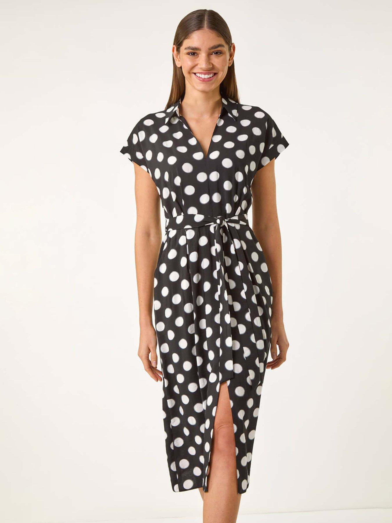 undefined Spot Print Belted Midi Dress - Black