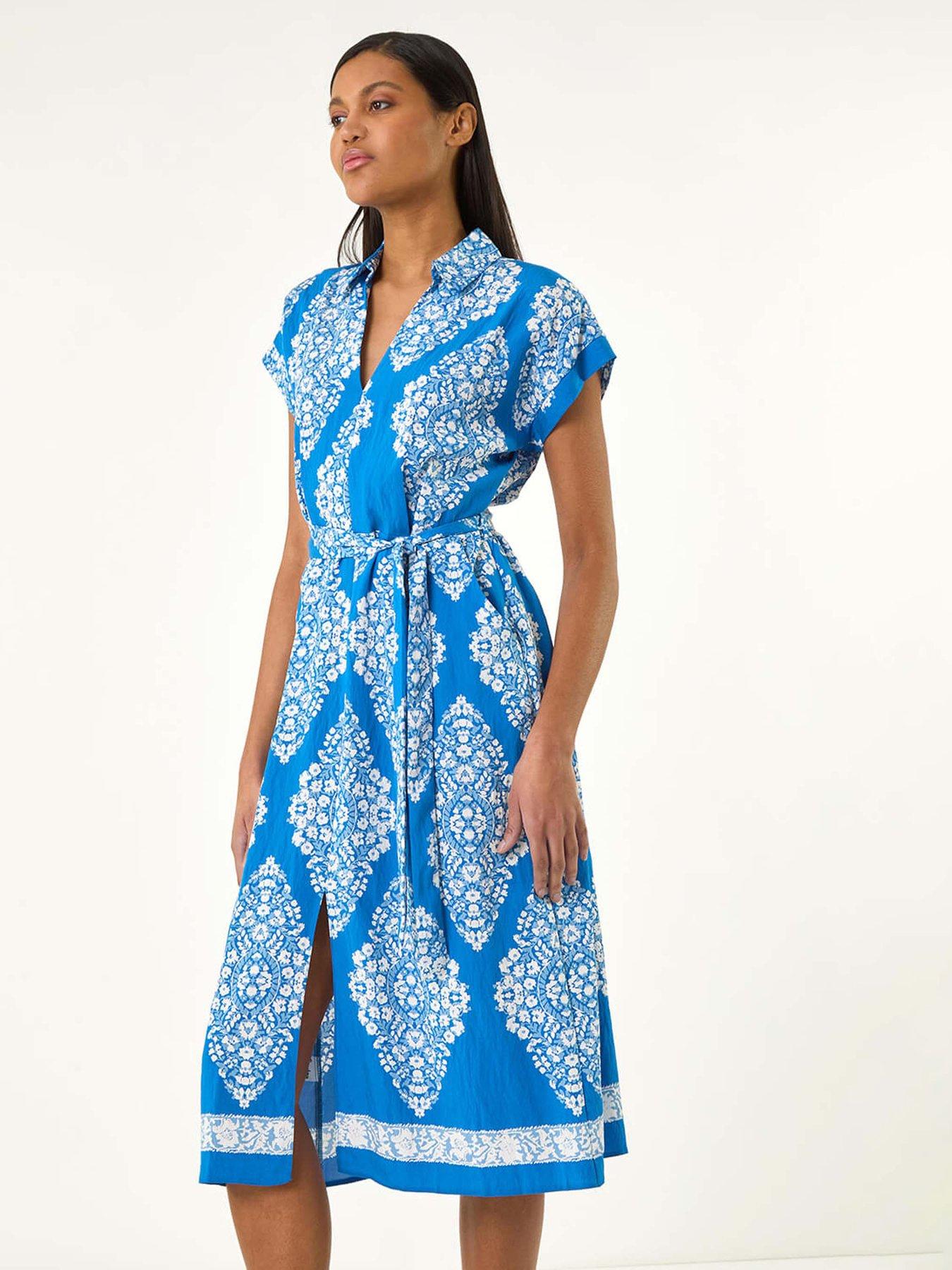 undefined Geometric Print Belted Shirt Midi Dress - Royal Blue