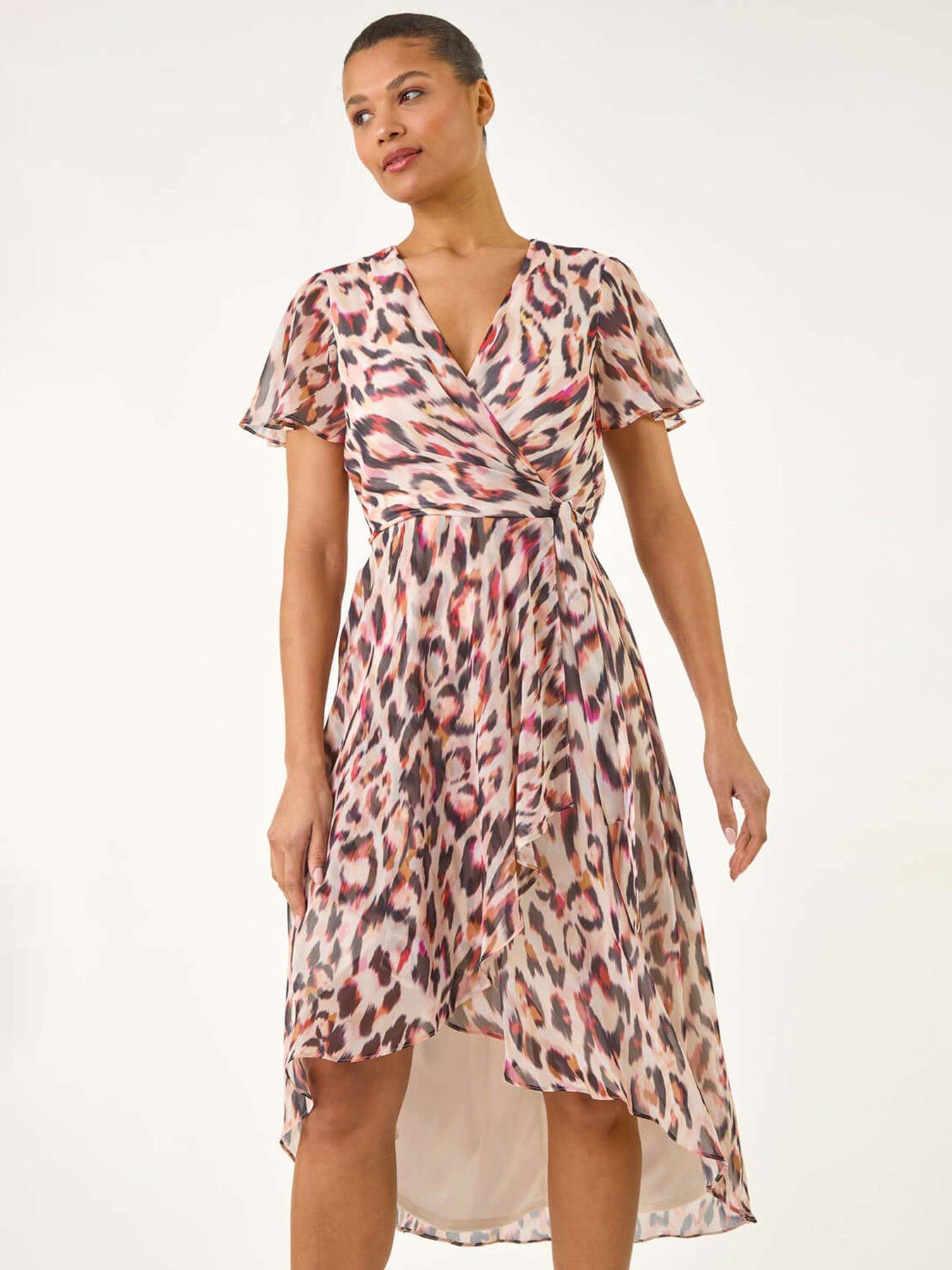undefined Leopard Ruffle Front Dress - Brown