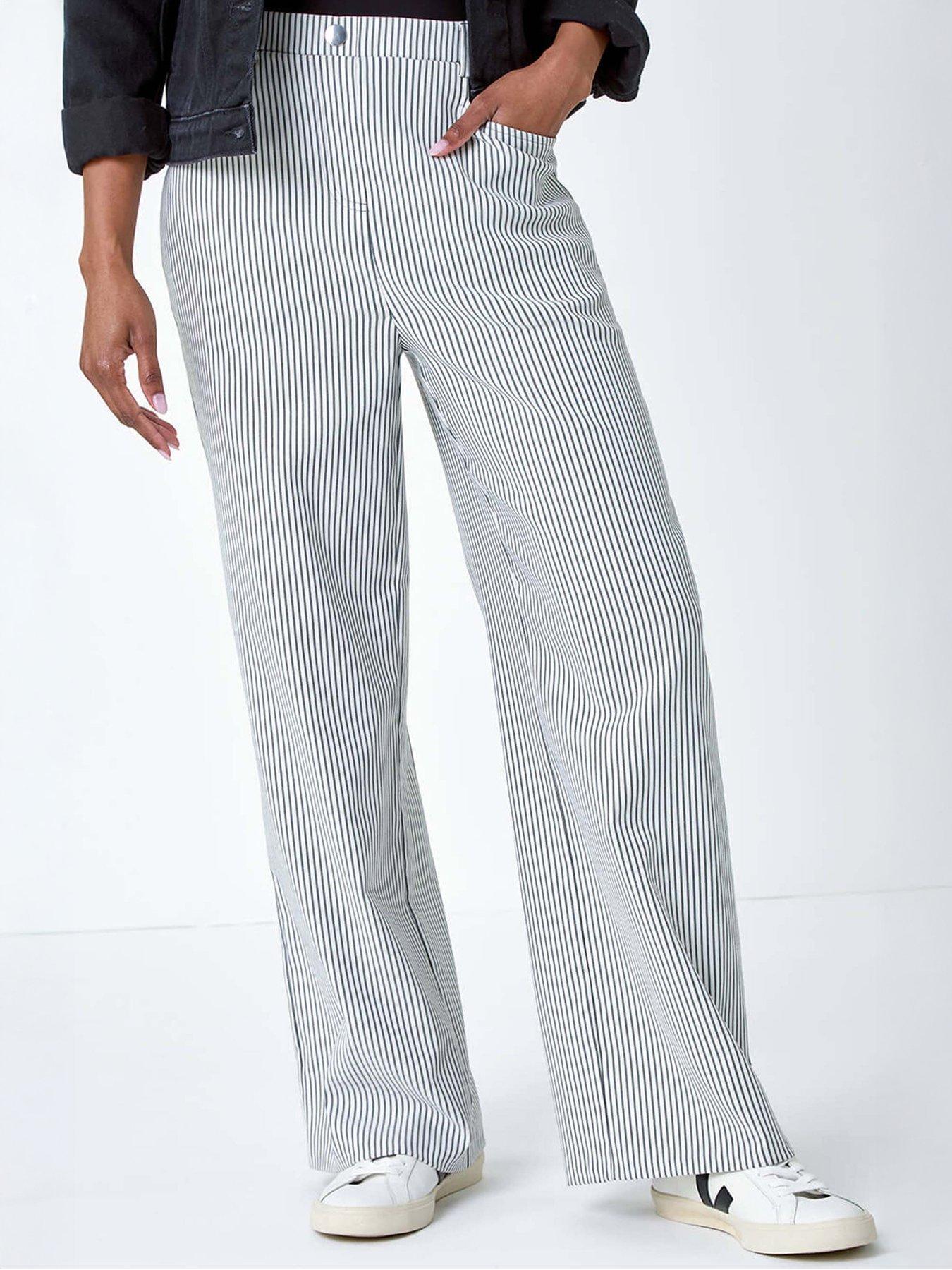 undefined Stripe Wide Leg Stretch Trousers - Black