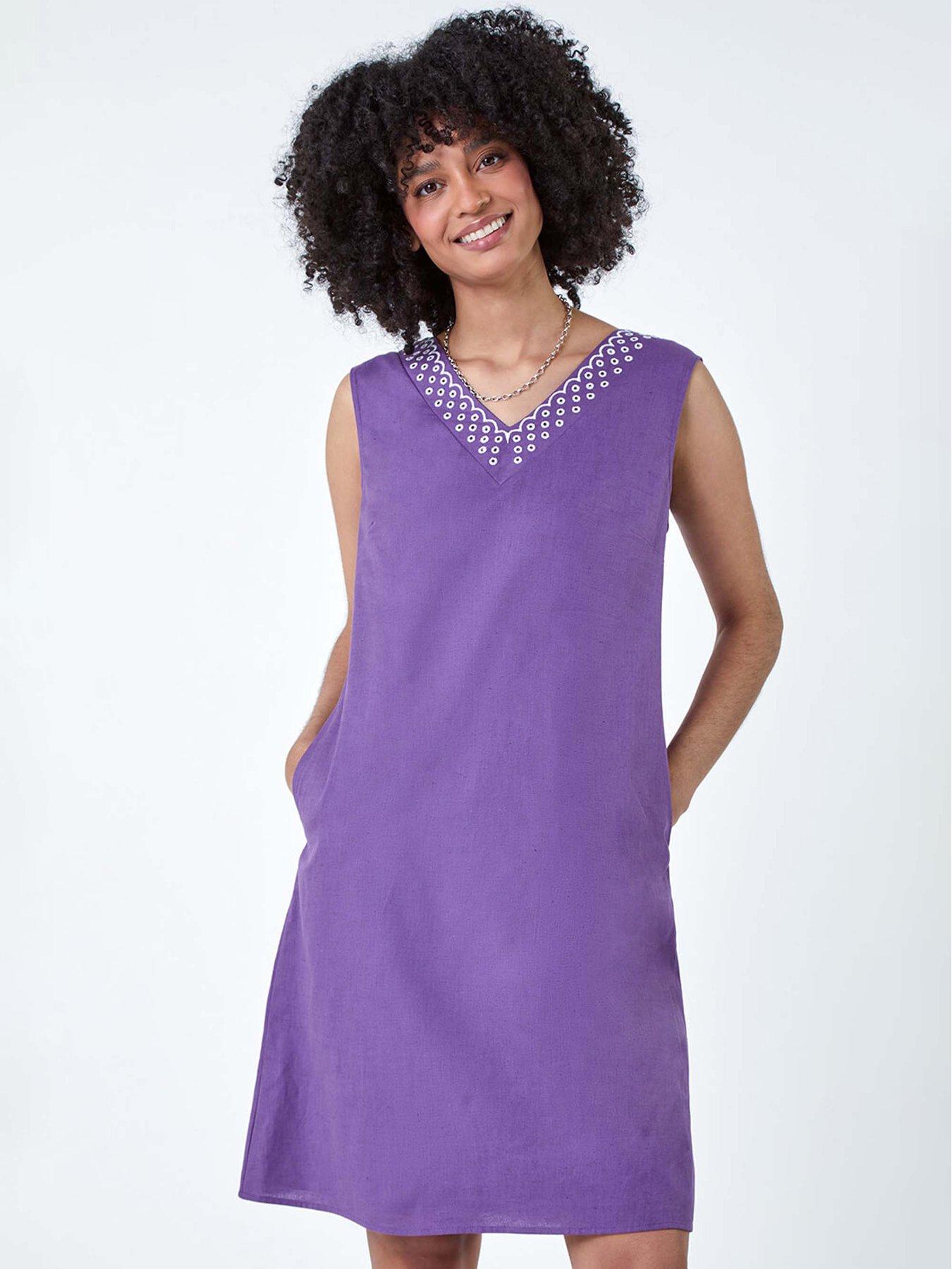 undefined Cotton Blend Embroidered Pocket Shift Dress - Purple