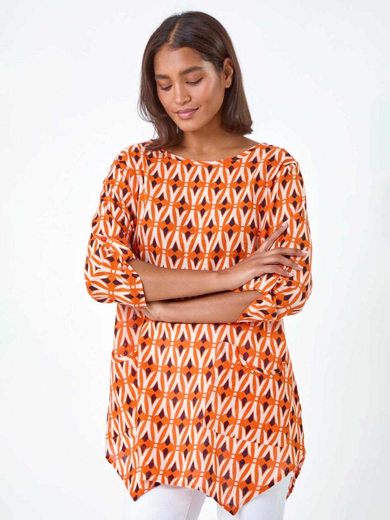 undefined Cotton Geometric Pocket Longline Tunic Top - Orange