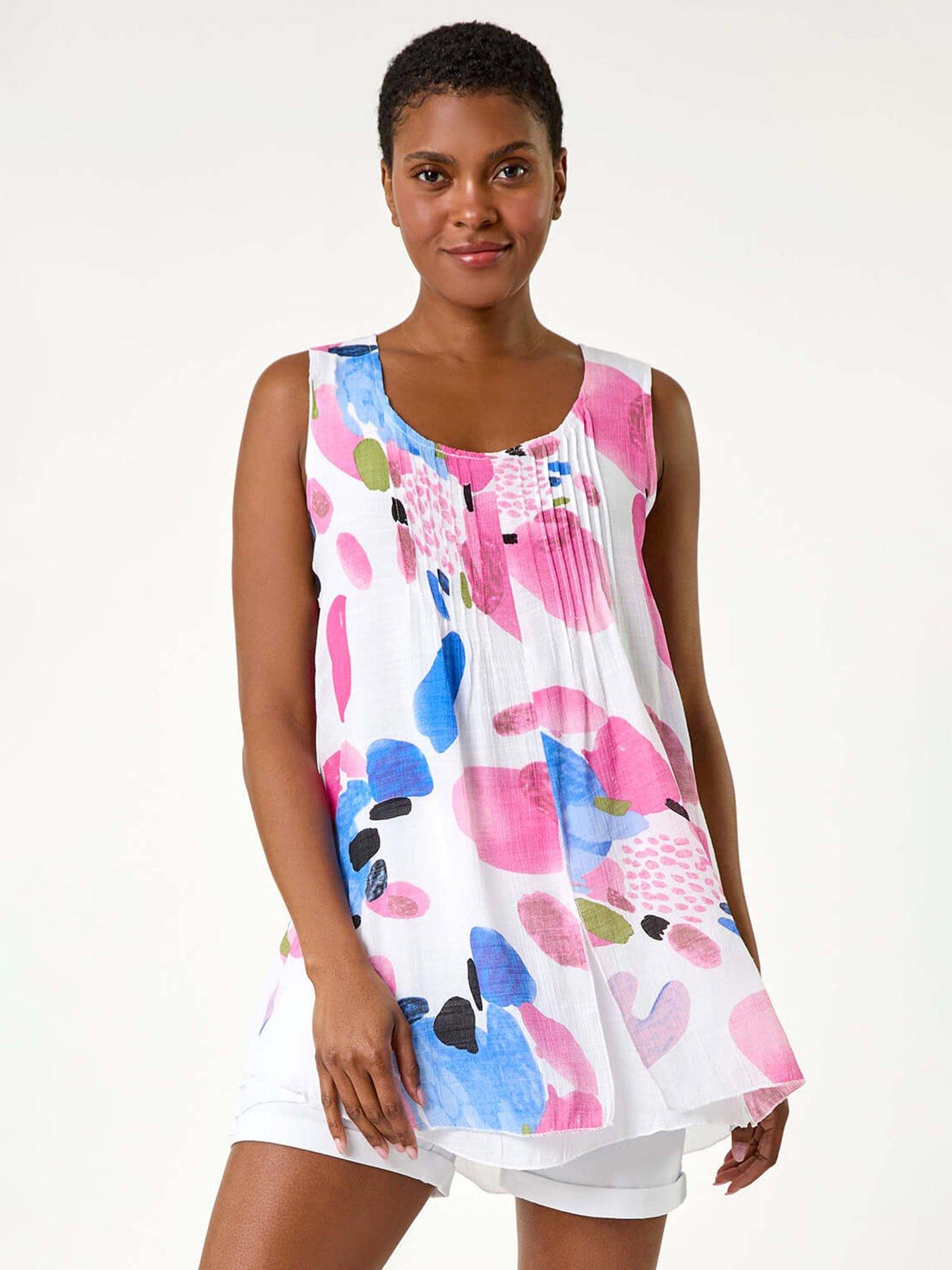 undefined Abstract Print Pintuck Overlay Vest Top - Pink