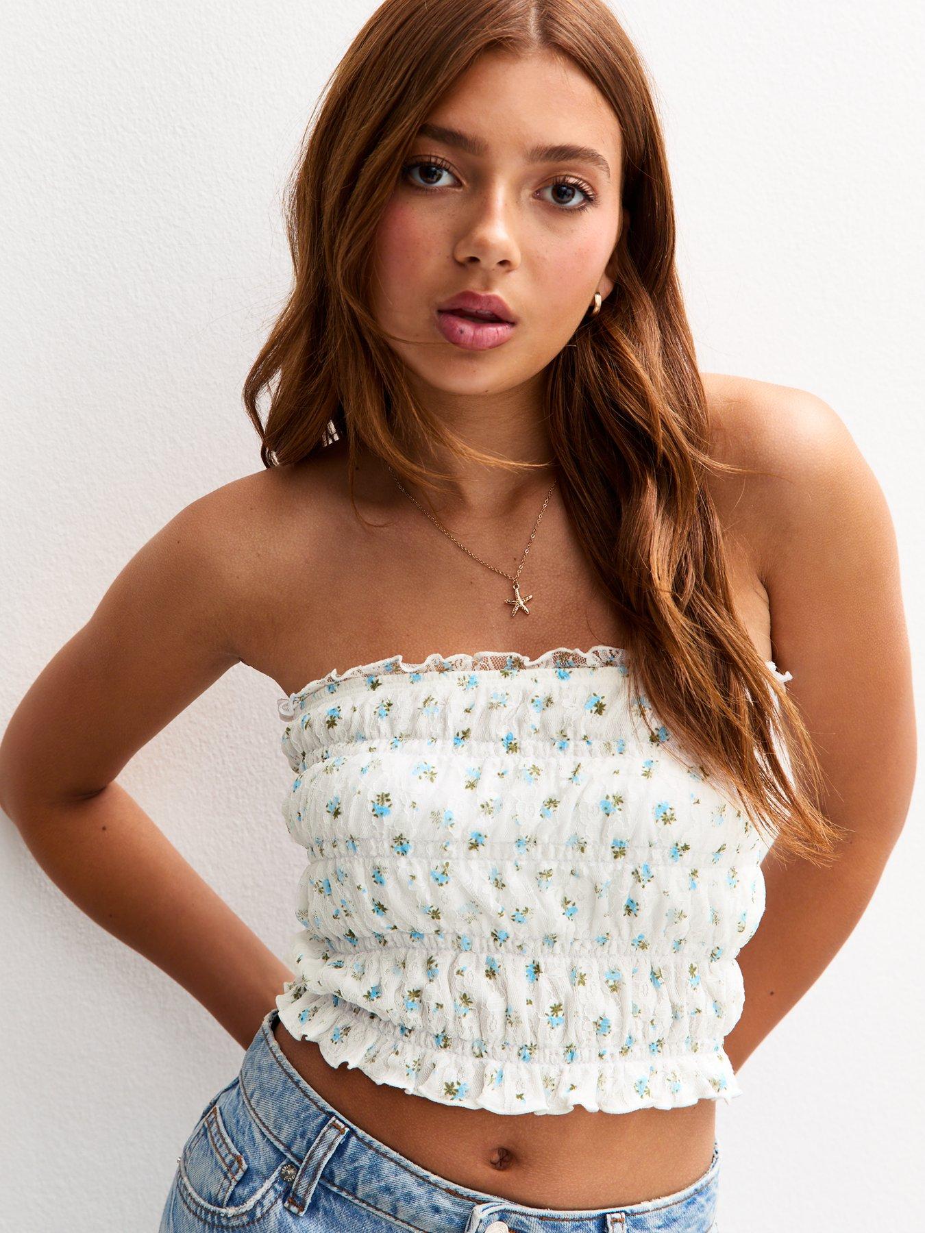 undefined Girls White Floral Print Shirred Lace Bandeau Top