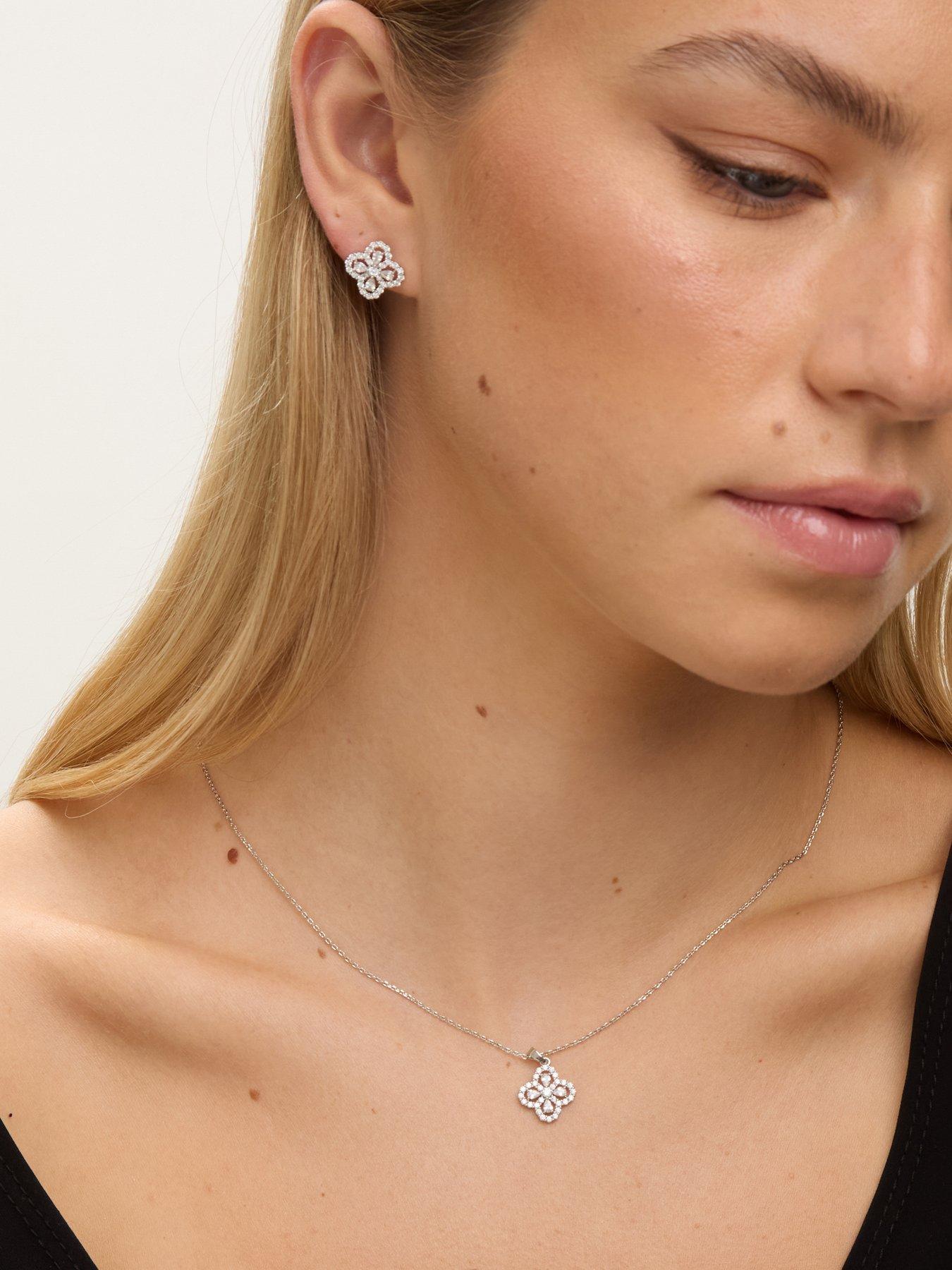 Image 2 of 5 of Jon Richard Rhodium Plated and Cubic Zirconia Clover Stud Earrings - Gift Box