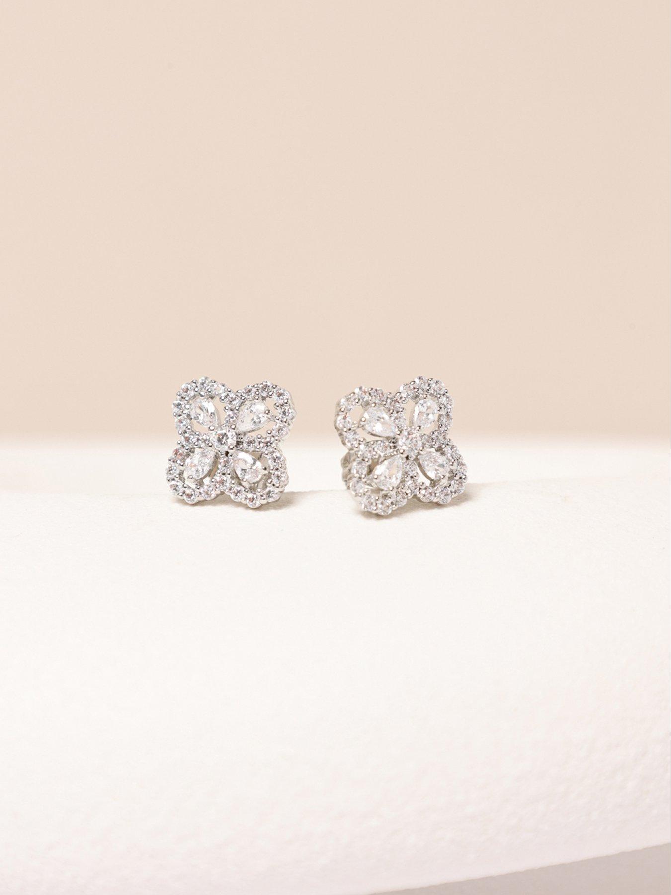 Image 4 of 5 of Jon Richard Rhodium Plated and Cubic Zirconia Clover Stud Earrings - Gift Box