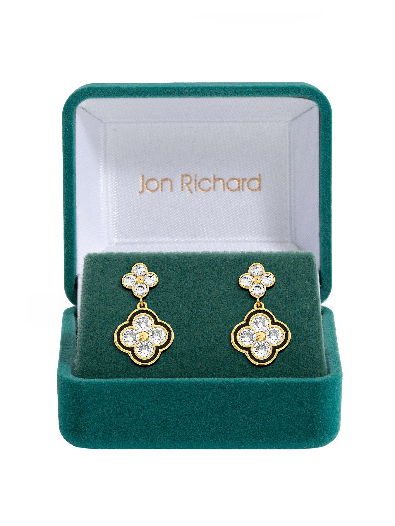 undefined 14K Gold Plated Jet and Crystal Clover Earrings - Gift Box