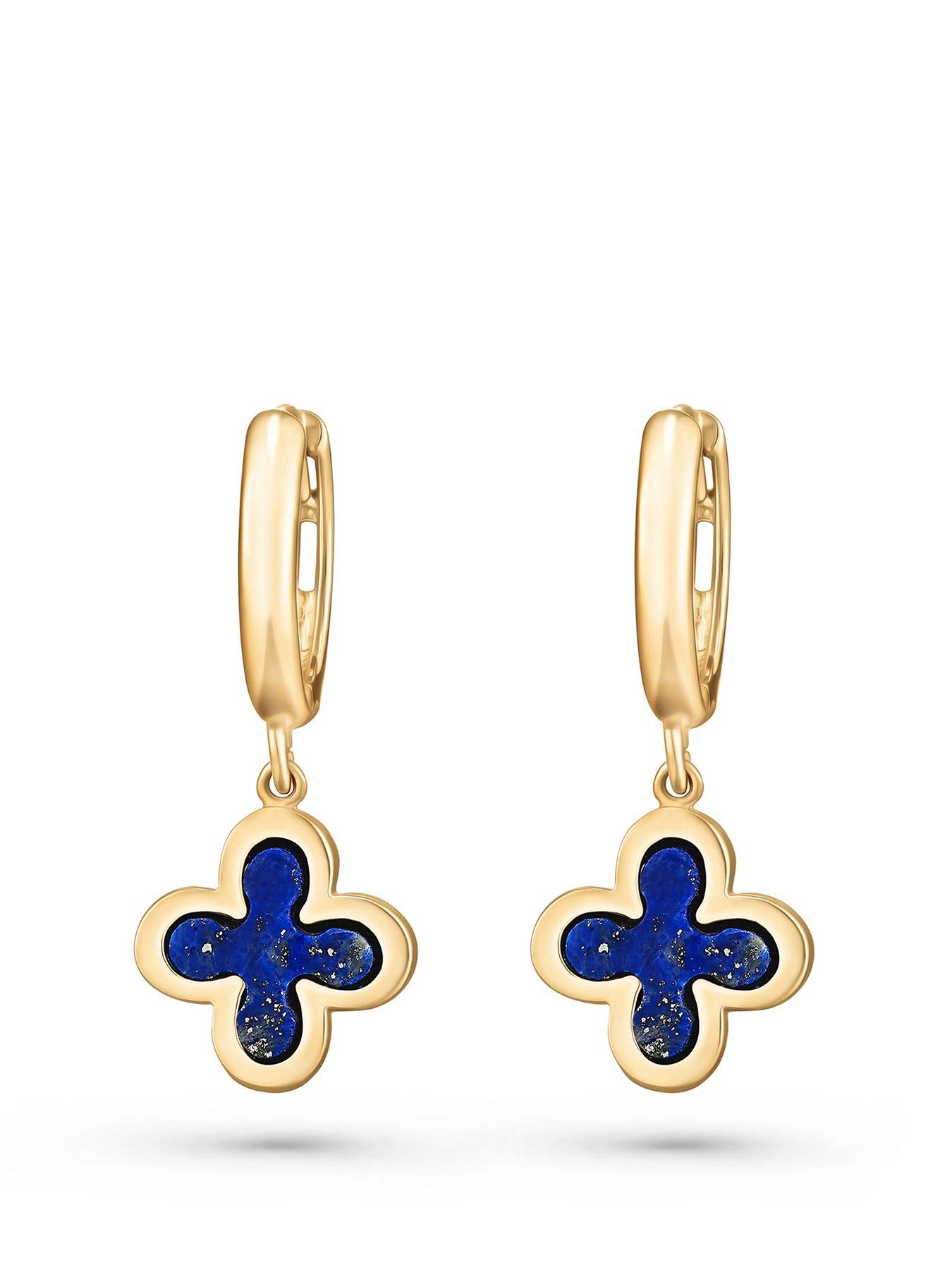 Beaverbrooks 9Ct Gold Lapis Clover Huggie Earrings