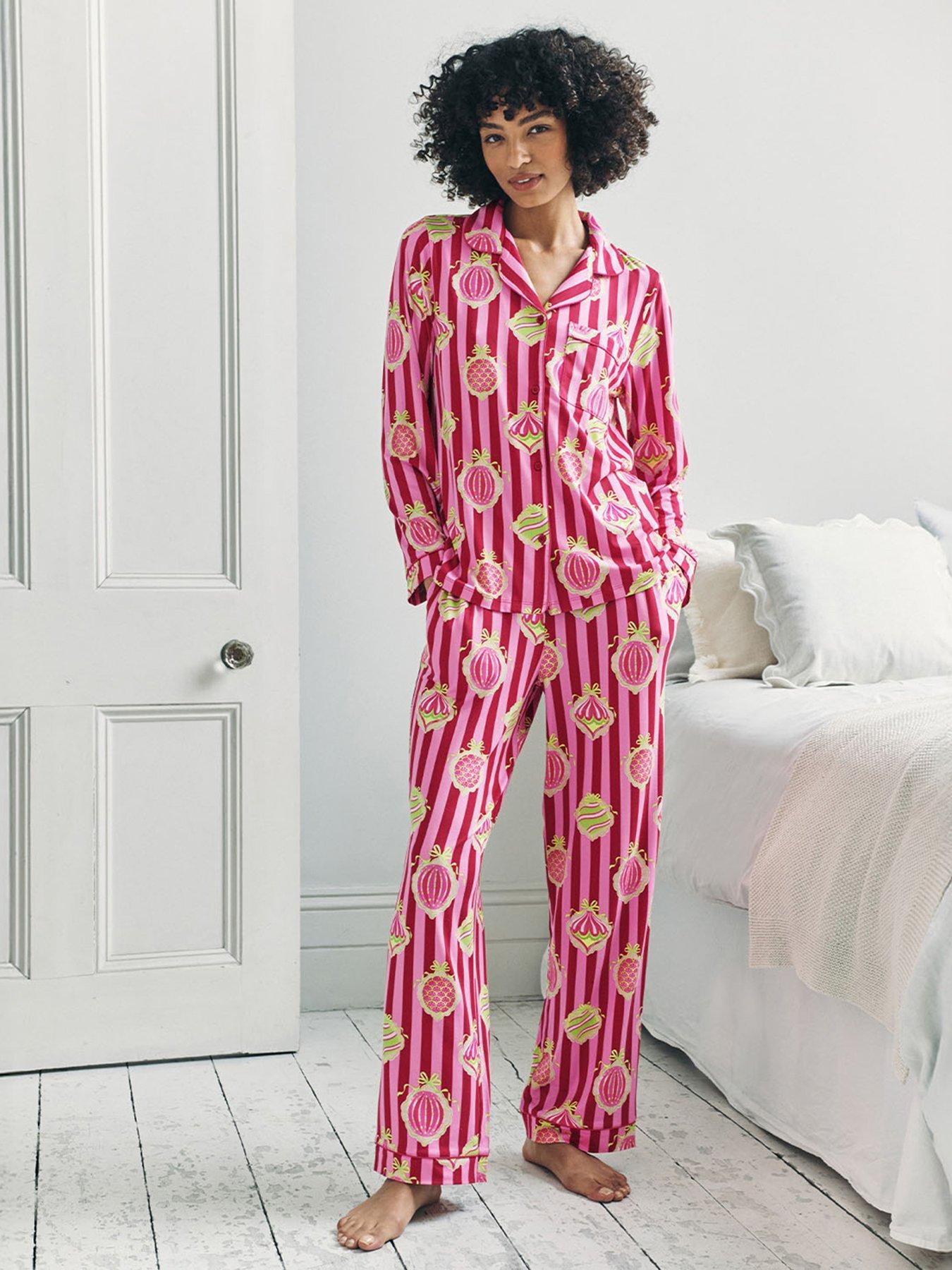 Image 1 of 6 of CHELSEA PEERS Christmas Long Printed Pyjama Set - Pink Stripe