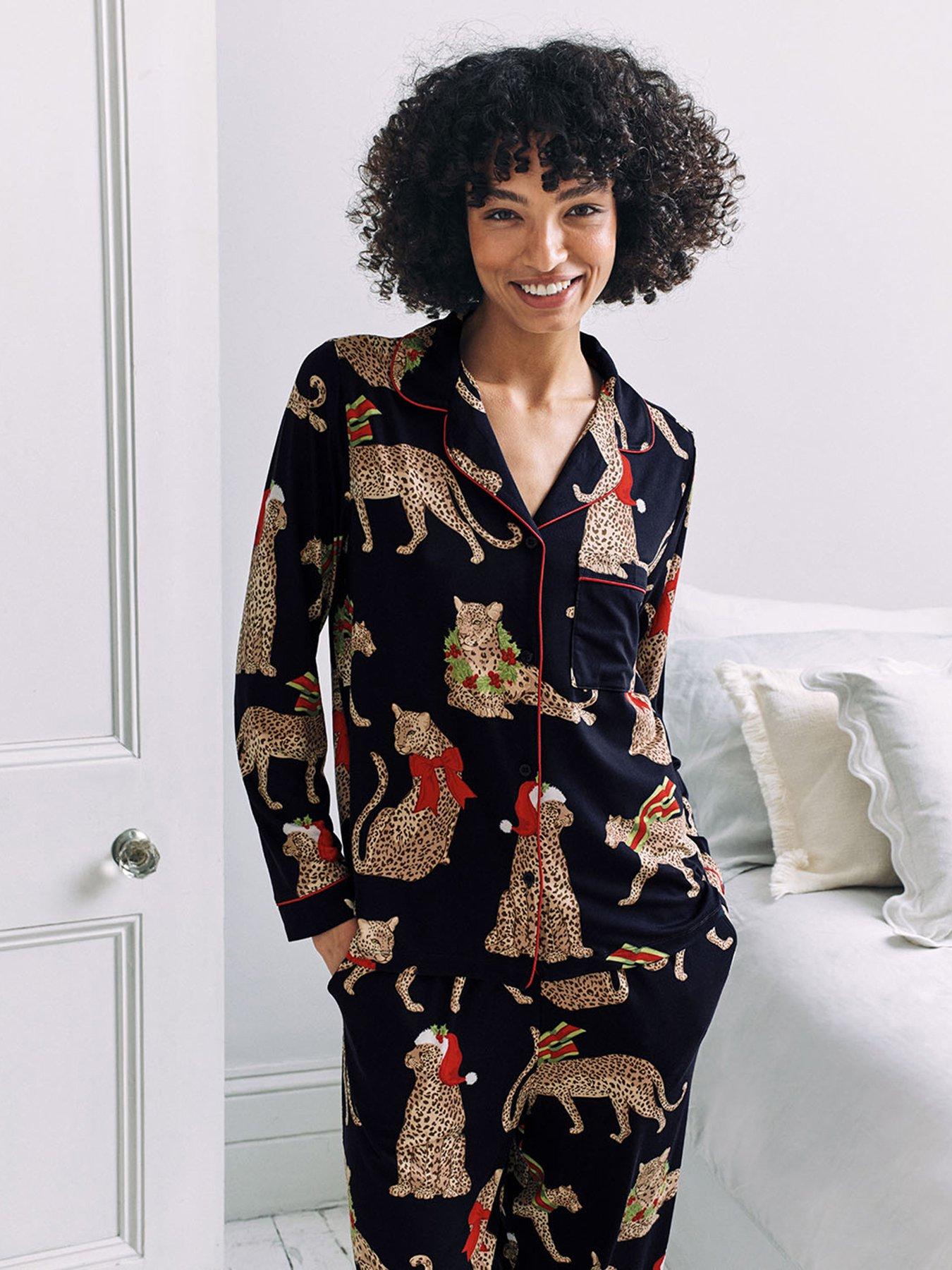 Image 2 of 6 of CHELSEA PEERS Classic Long Button Up Printed Pyjama Set - Dark Blue