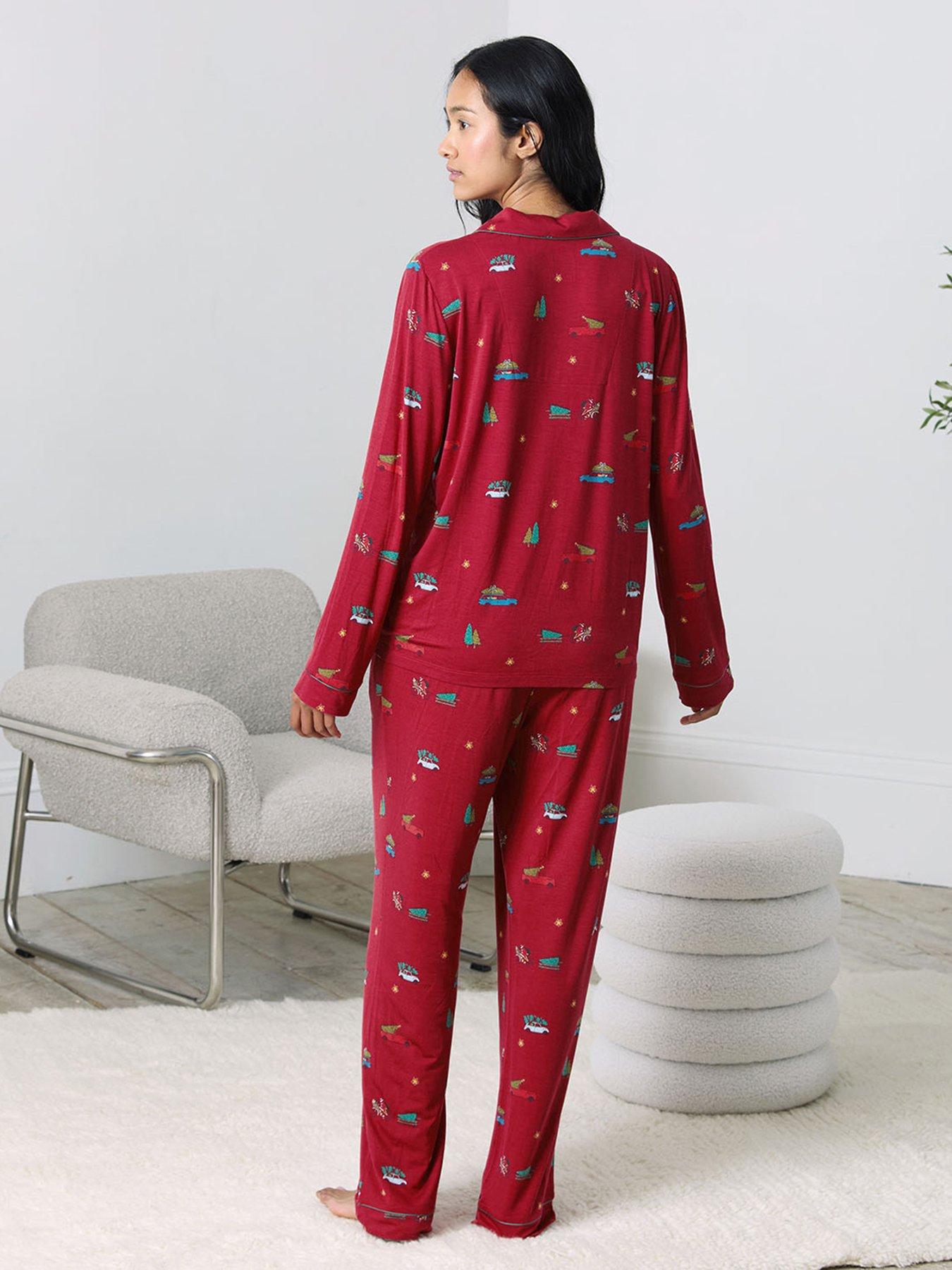 Image 4 of 6 of CHELSEA PEERS Classic Long Button Up Set In Lenzing Modal - Red