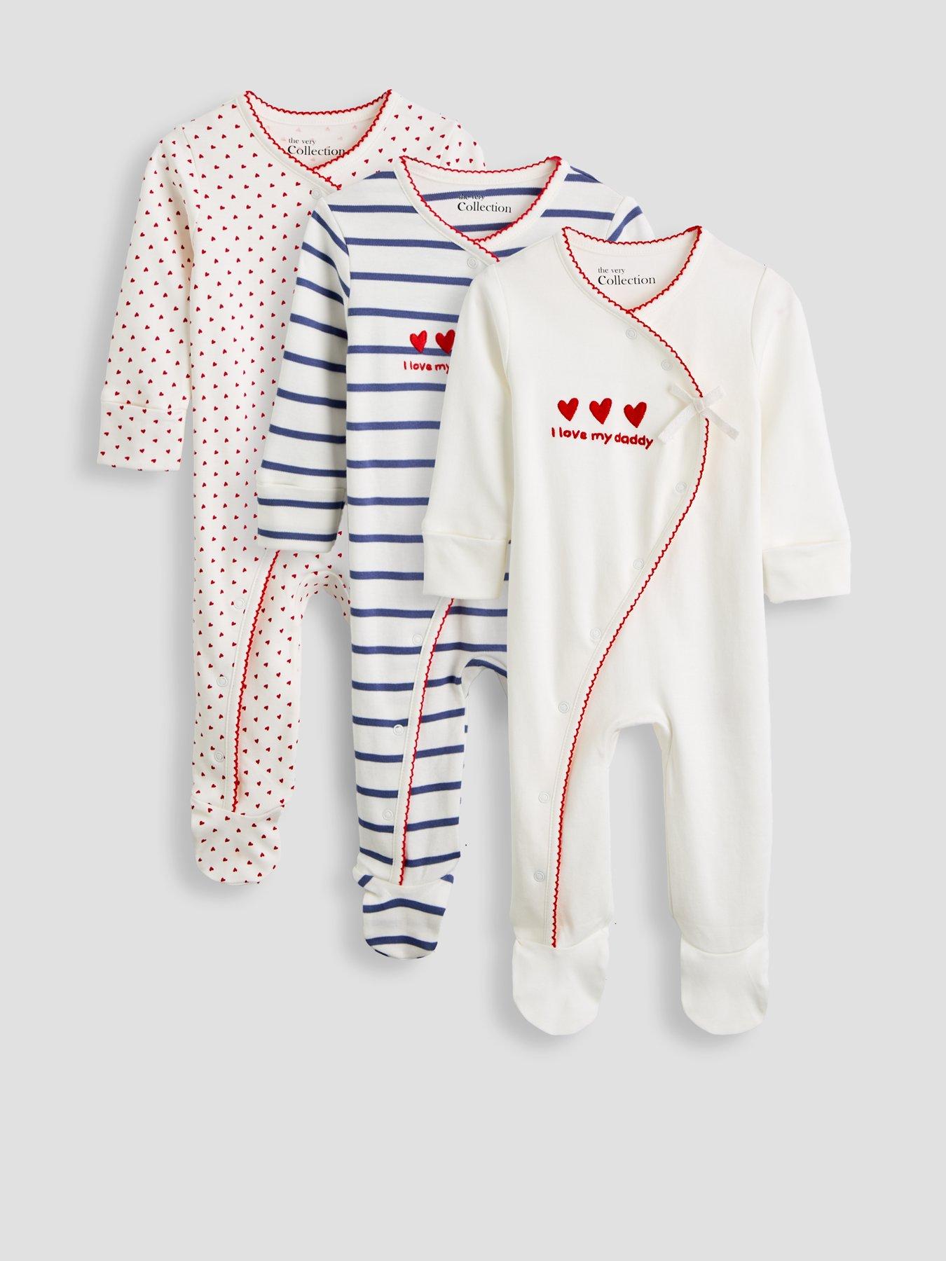 The Very Collection Heart Print Cross Front 3 Pack Sleepsuits