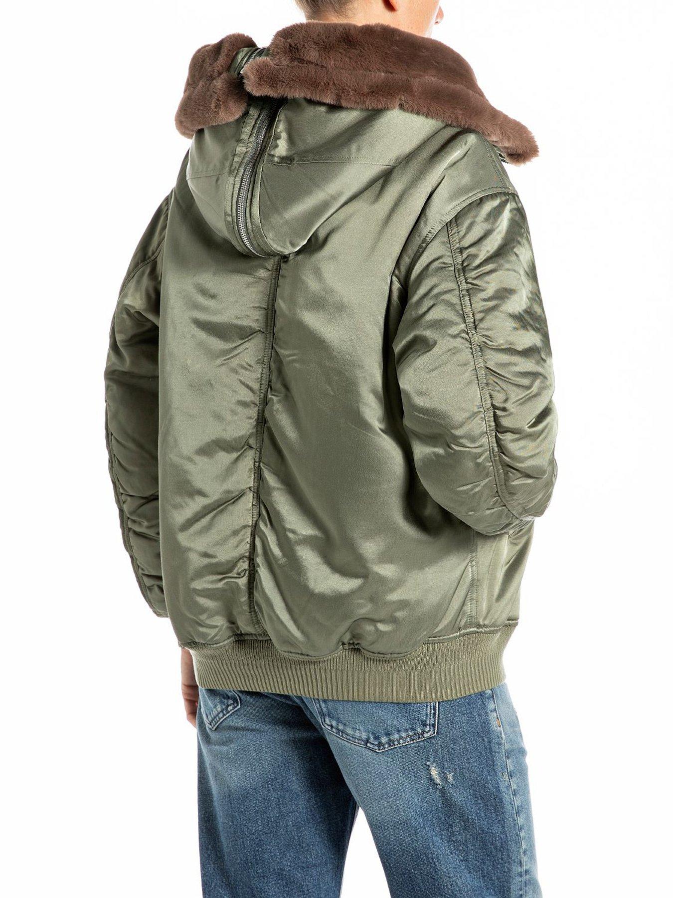 Replay Short Fur Hooded Bomber - Green | Very