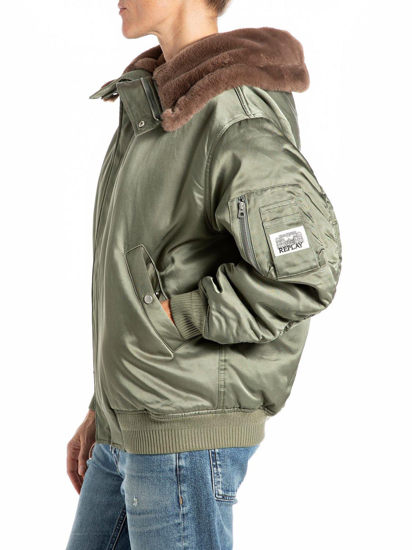 Replay Short Fur Hooded Bomber - Green | Very