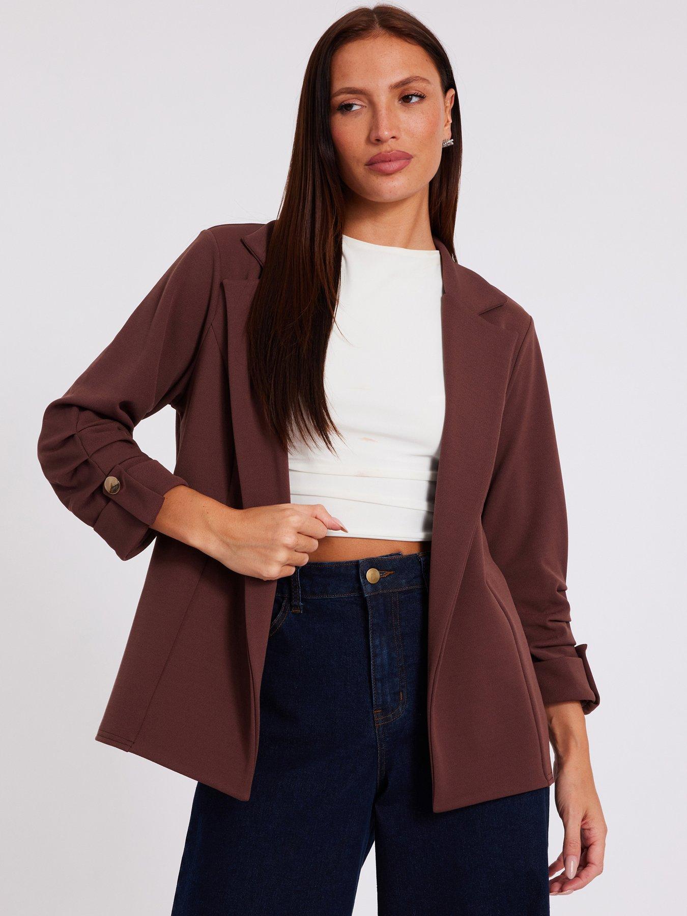 undefined Brown Ruched Sleeve Blazer