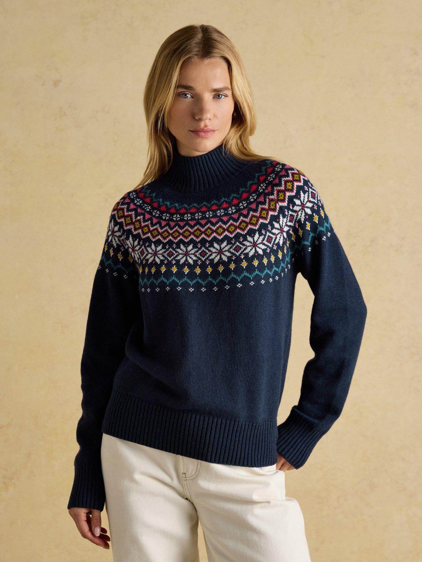 Image 1 of 6 of Joules Fairisle High Neck Cotton Rich Jumper - Navy