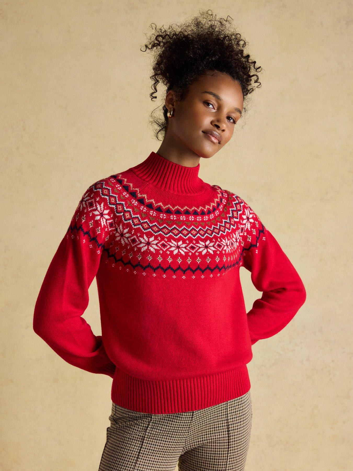 Joules Fairisle High Neck Cotton Rich Jumper - Red