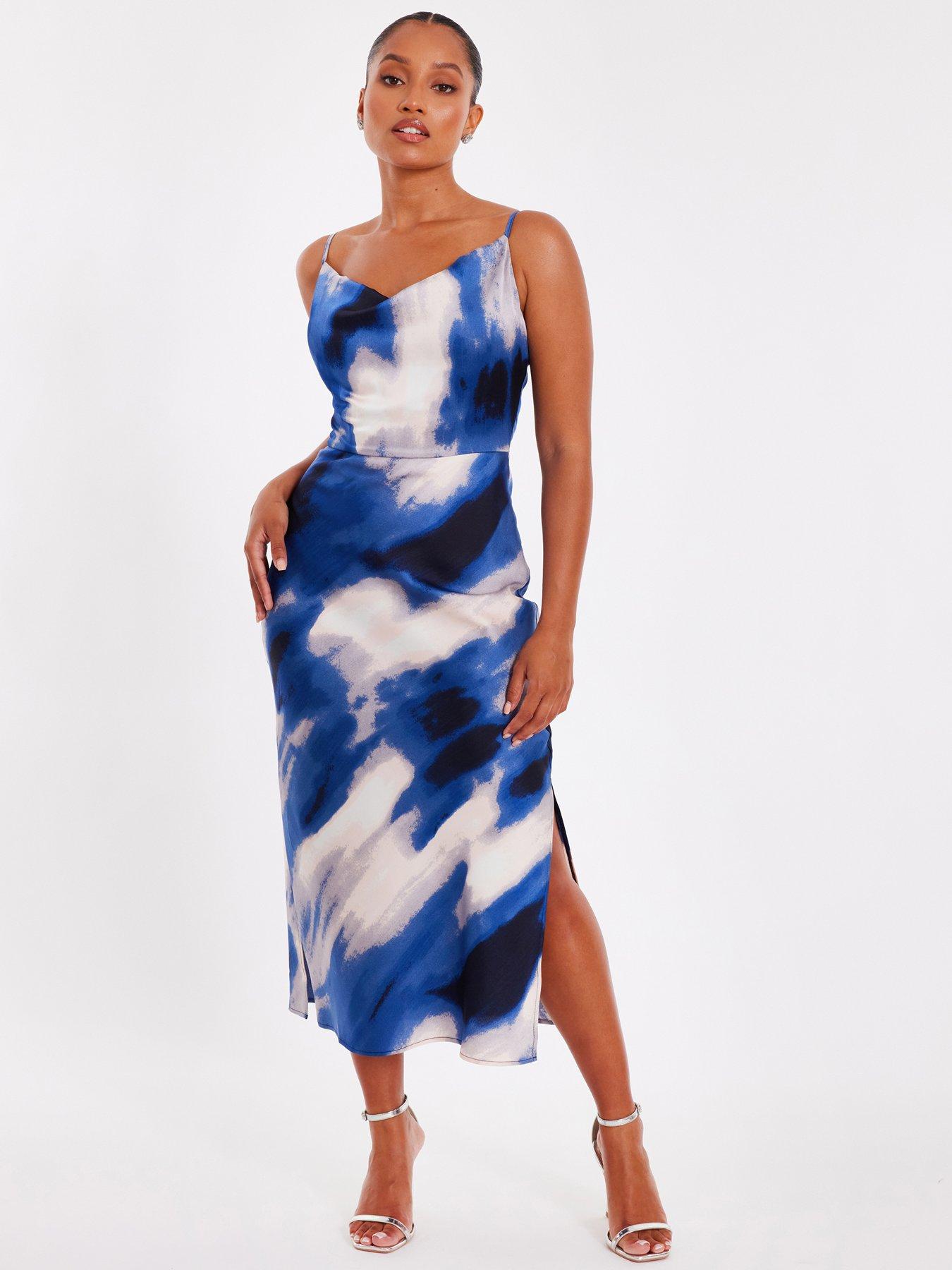 undefined Petite Blue Satin Marble Midaxi Dress