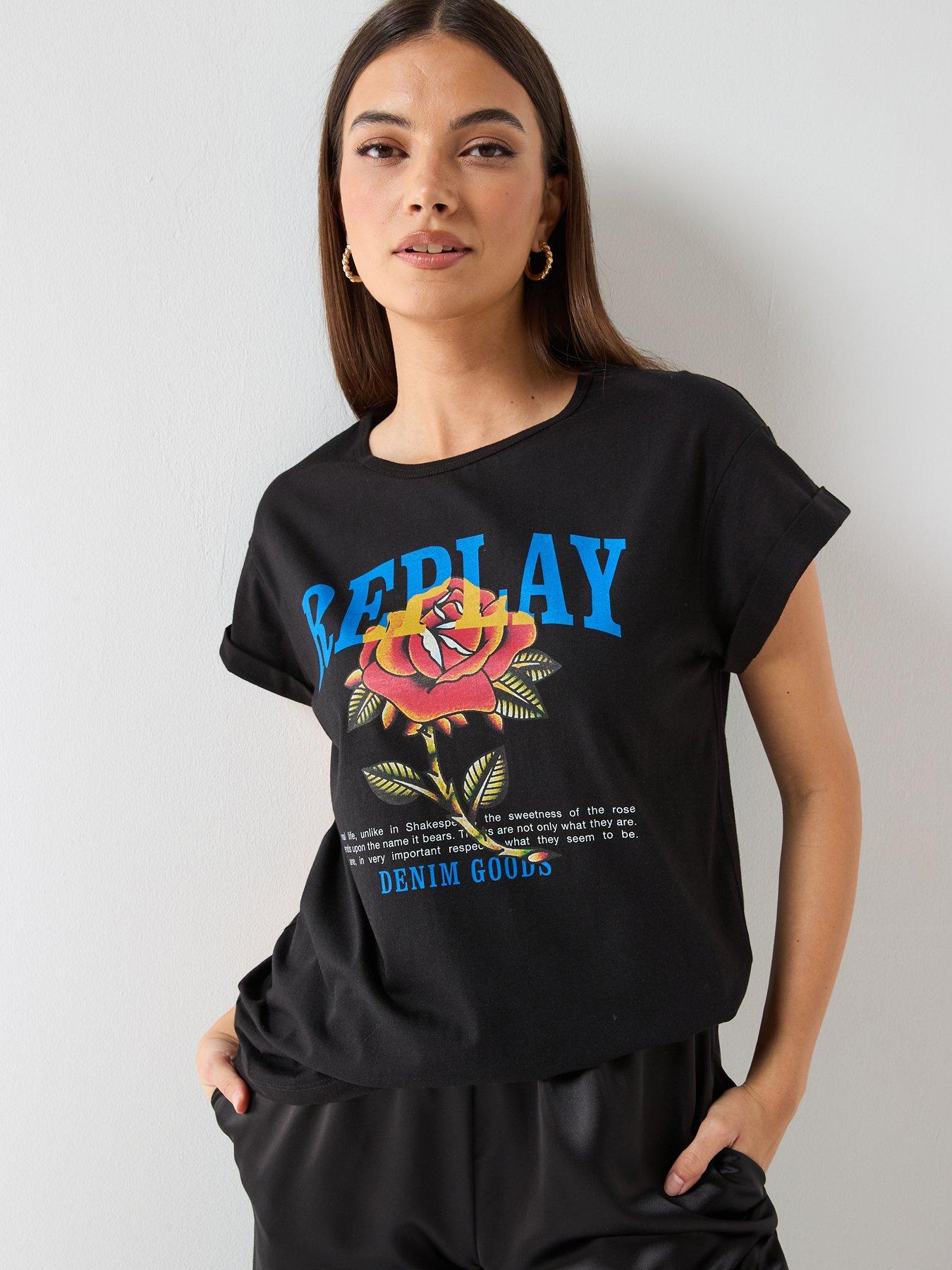Replay Rose Logo Print T-Shirt - Black