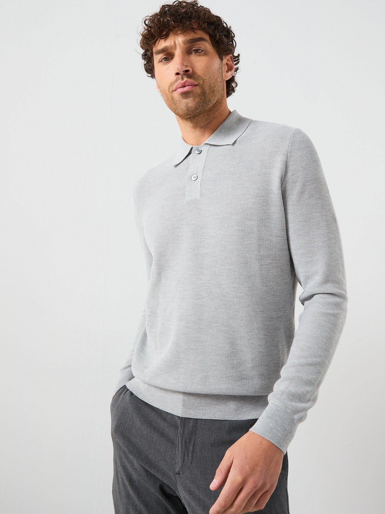 Mango: Ten Cotton Pique Long Sleeve Knitted Polo Shirt - Light Grey