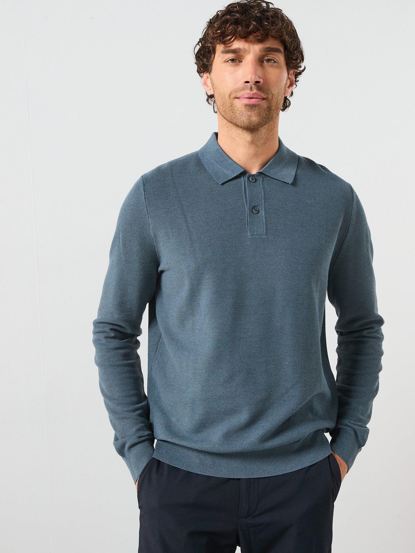 Mango Ten Cotton Pique Long Sleeve Knitted Polo Shirt Blue Very