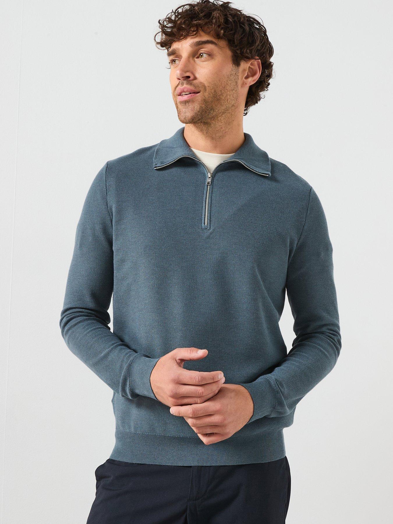 Mango Ten Cotton Pique 1/4 Zip Knitted Jumper - Blue | Very