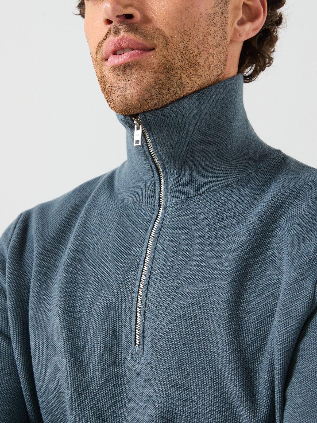 Mango Ten Cotton Pique 1/4 Zip Knitted Jumper - Blue | Very
